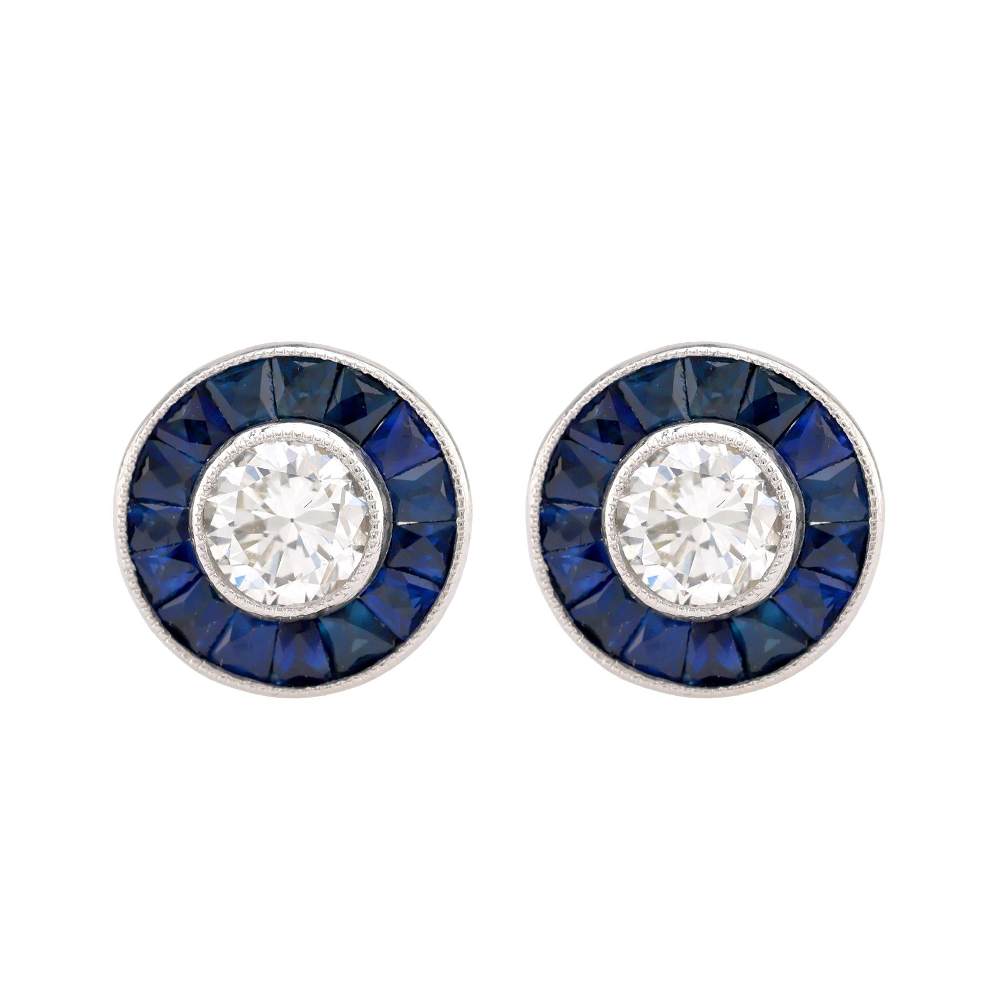 Art Deco Inspired Diamond Sapphire Platinum Target Studs Earrings Jack Weir & Sons   