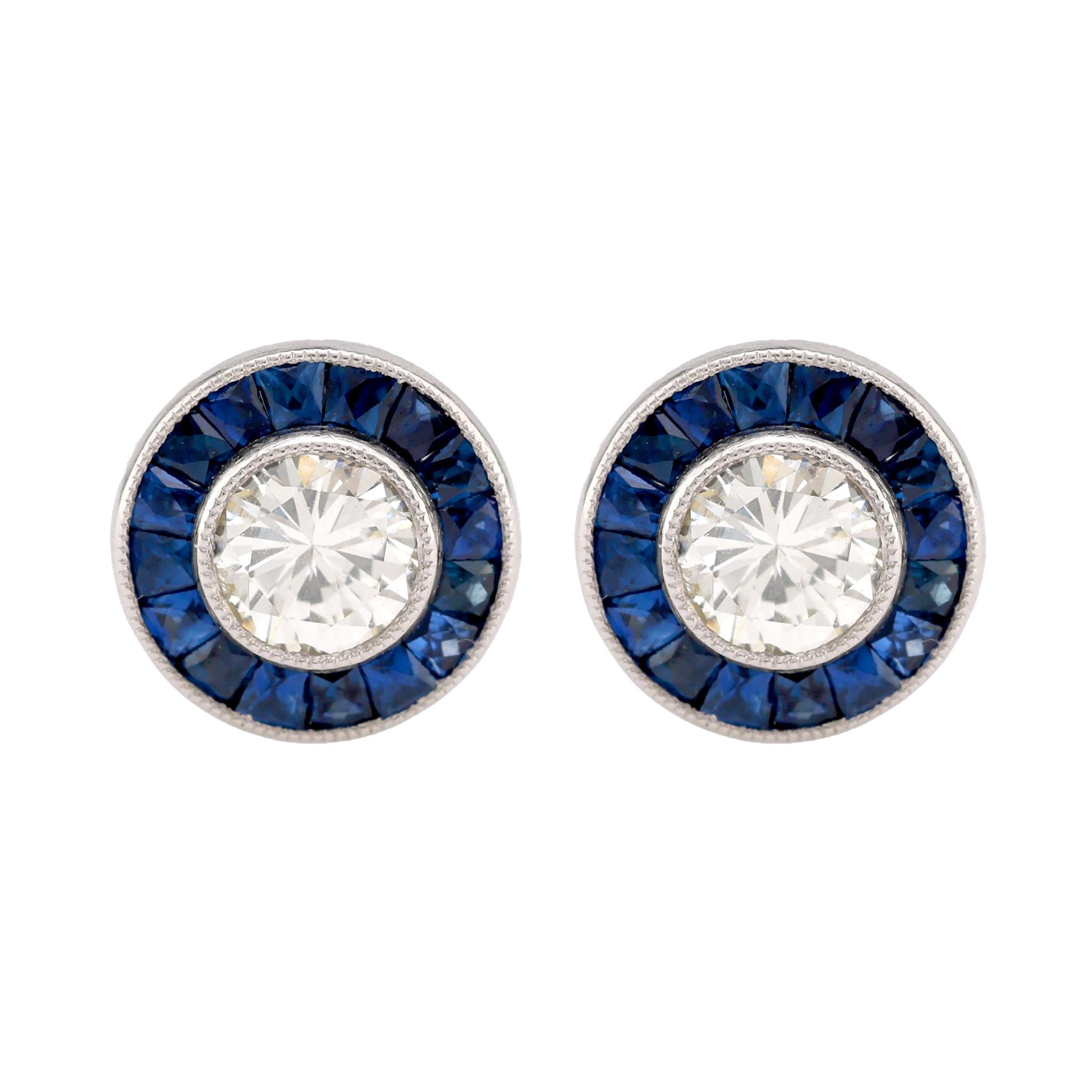 Art Deco Inspired Diamond Sapphire Platinum Target Studs Earrings Jack Weir & Sons   