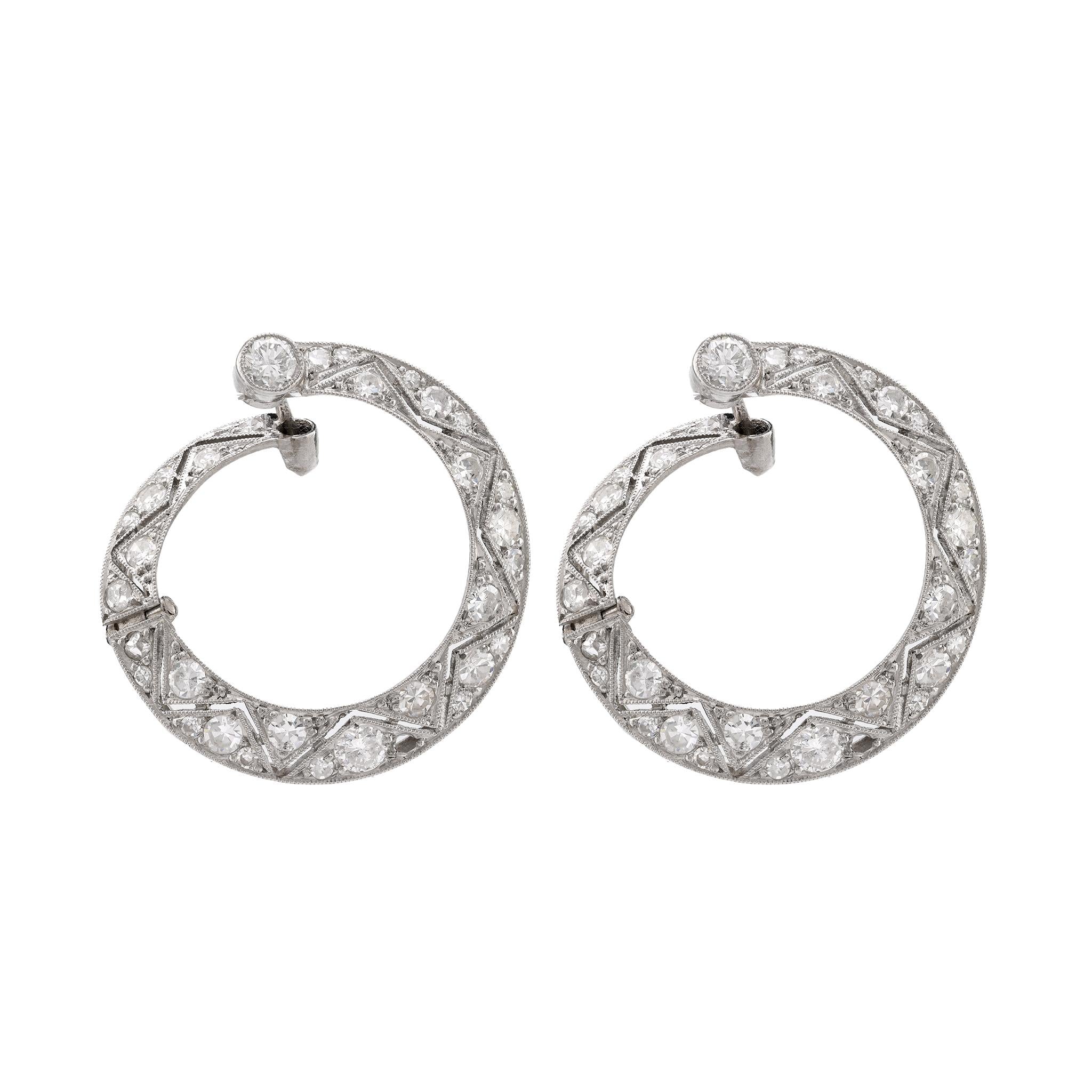 Art Deco Style Diamond Platinum Hoops Earrings Earrings Jack Weir & Sons   