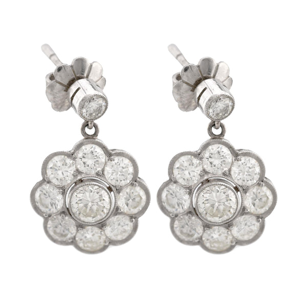 Art Deco Inspired 3 Carat Round Brilliant Diamond Platinum Cluster Earrings Earrings Jack Weir & Sons   