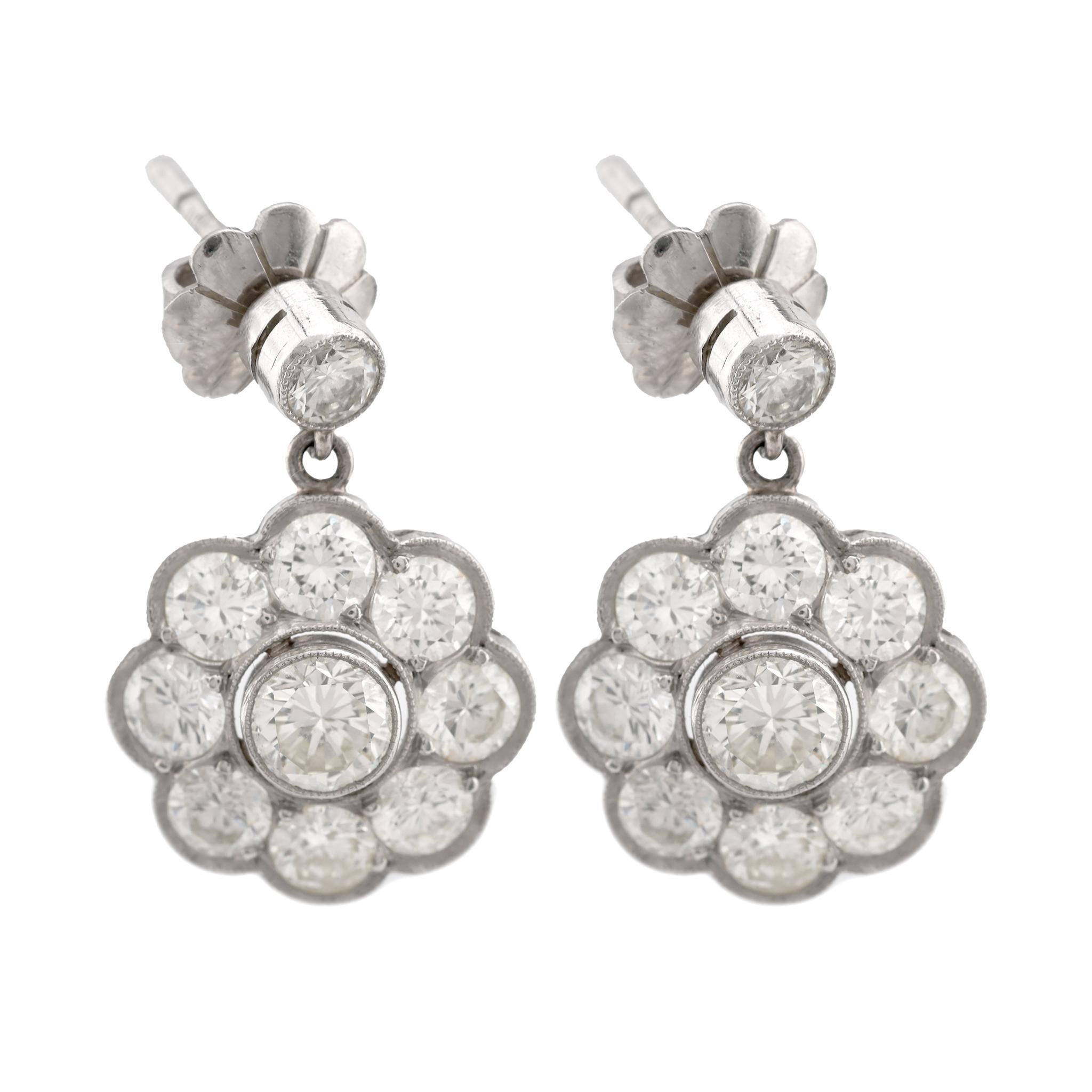 Art Deco Inspired 3 Carat Round Brilliant Diamond Platinum Cluster Earrings Earrings Jack Weir & Sons