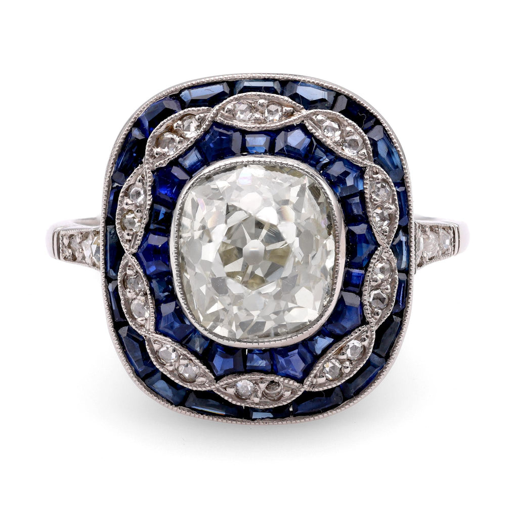 Art Deco Inspired 2.24 Carat Old Mine Diamond Sapphire Platinum Dinner Ring Rings Jack Weir & Sons   