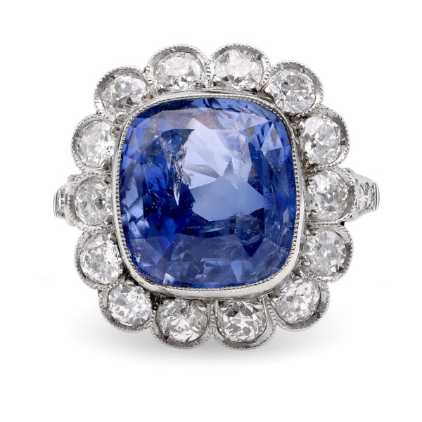 Art Deco Inspired 10.10 Carat Cushion Ceylon Sapphire Diamond Platinum Ring Rings Jack Weir & Sons   