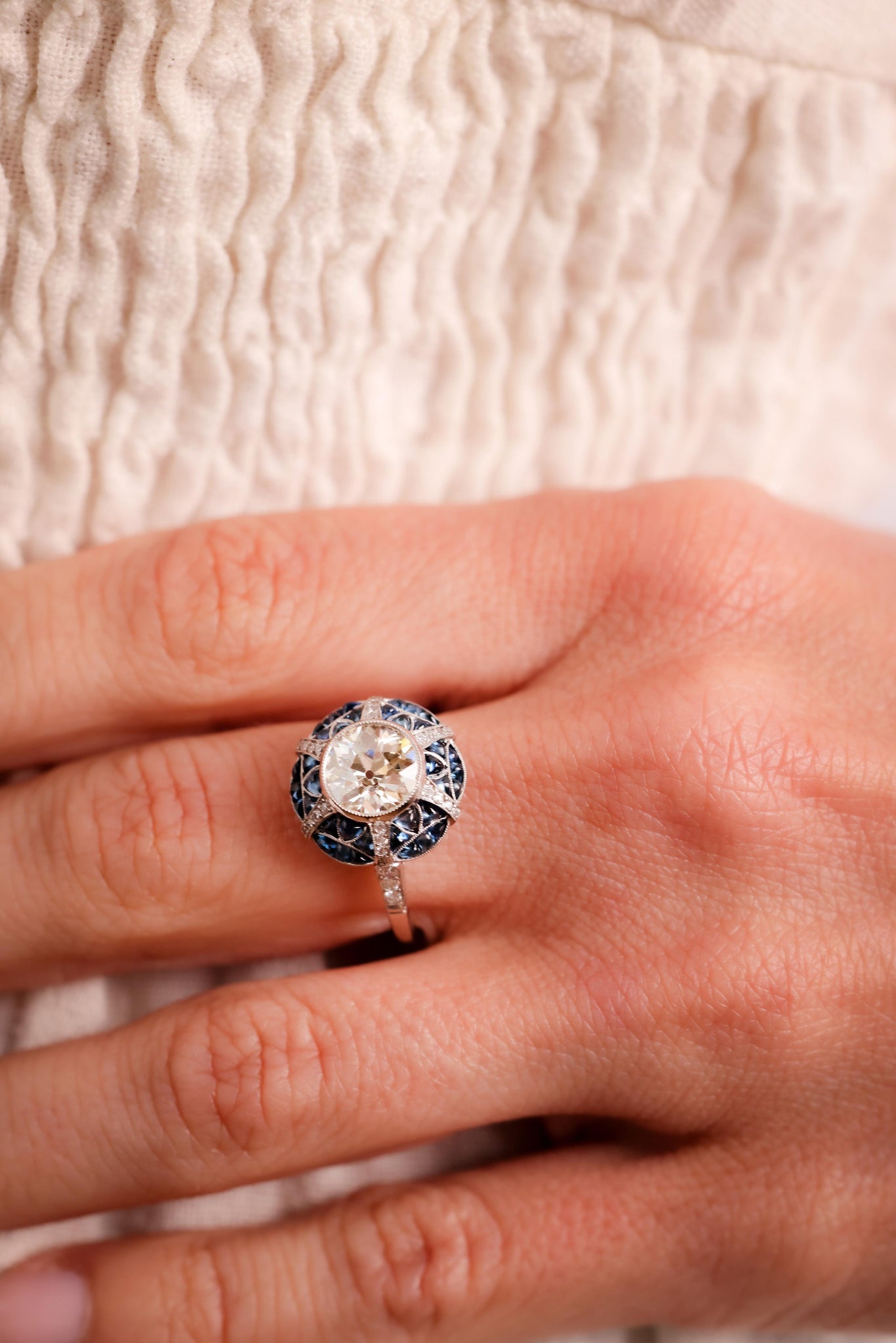 Art Deco Inspired 1.46 Carat Diamond Sapphire Platinum Target Ring  Jack Weir & Sons   