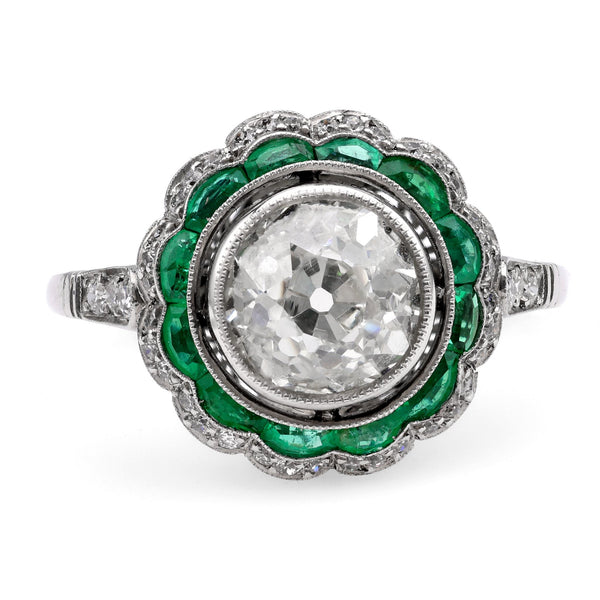 Art Deco Inspired 1.82 Carat Old European Diamond Emerald Platinum Halo Ring Rings Jack Weir & Sons   