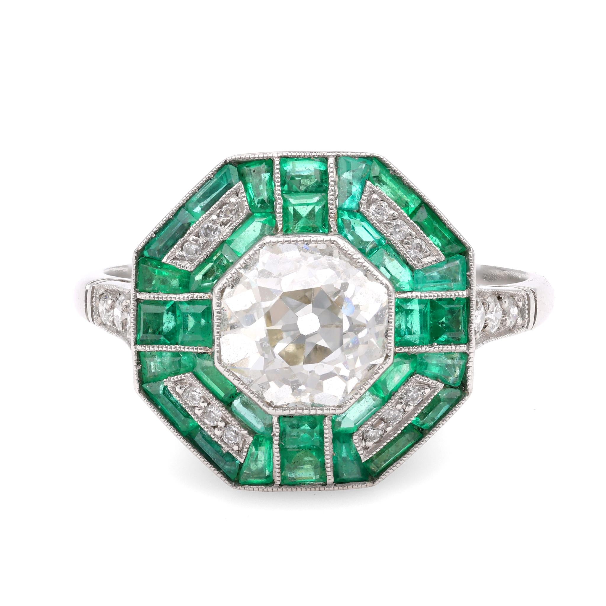 Art Deco Inspired 1.45 Carat Diamond Emerald Platinum Ring Rings Jack Weir & Sons