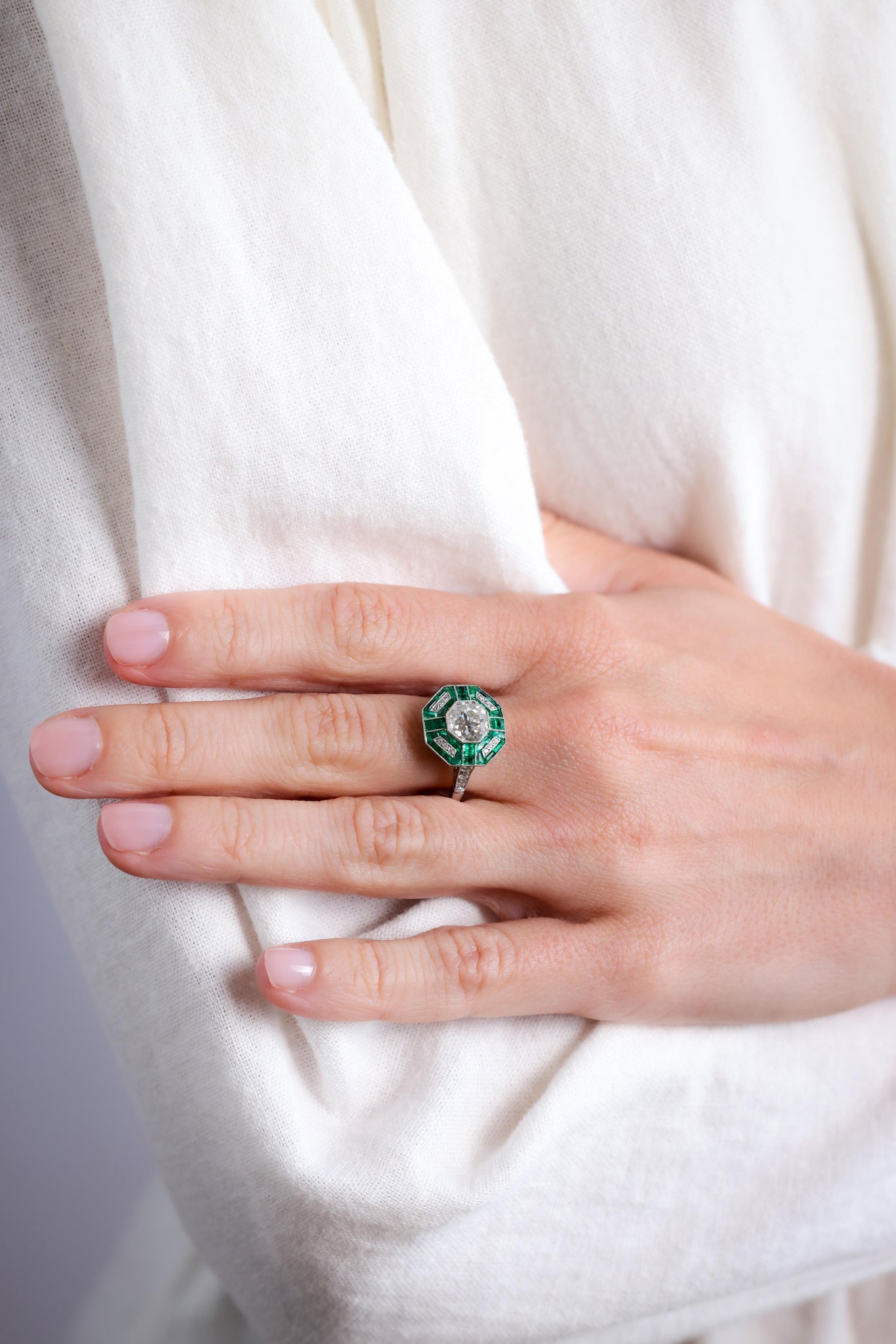 Art Deco Inspired 1.45 Carat Diamond Emerald Platinum Ring Rings Jack Weir & Sons   