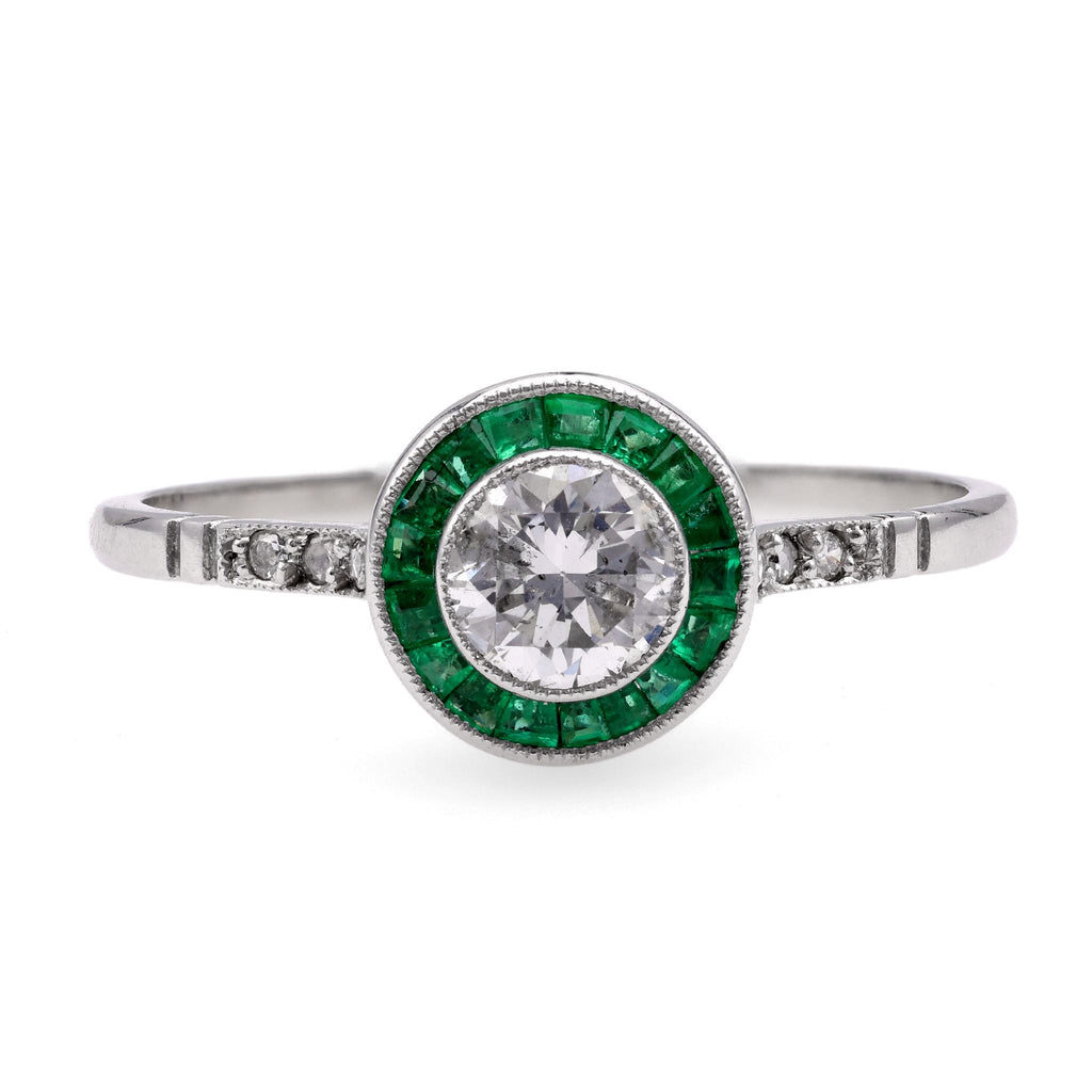 Art Deco Inspired Diamond Emerald Platinum Engagement Ring Rings Jack Weir & Sons   