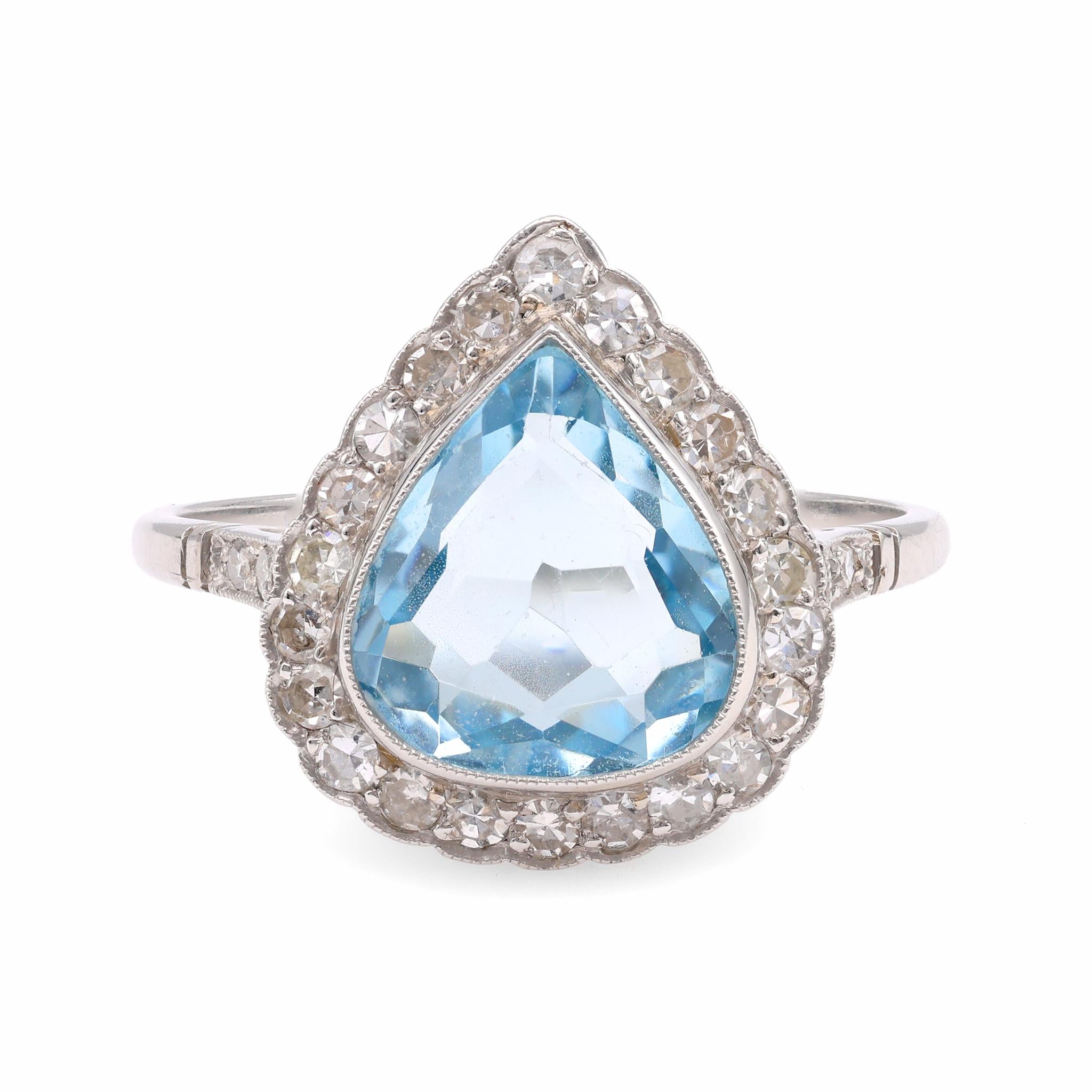 Art Deco Inspired 2.14 Carat Aquamarine Diamond Platinum Cluster Ring Rings Jack Weir & Sons