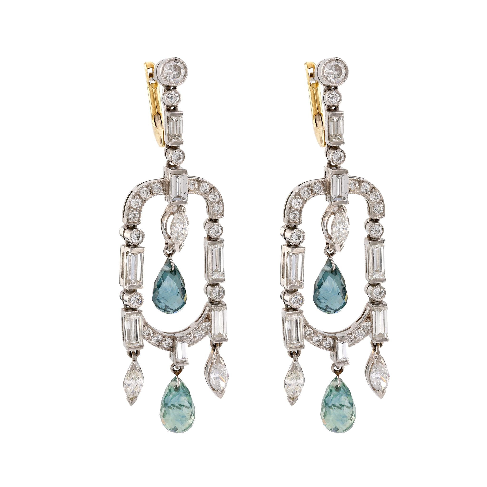 Art Deco Inspired Aquamarine Diamond Platinum Chandelier Earrings Earrings Jack Weir & Sons   