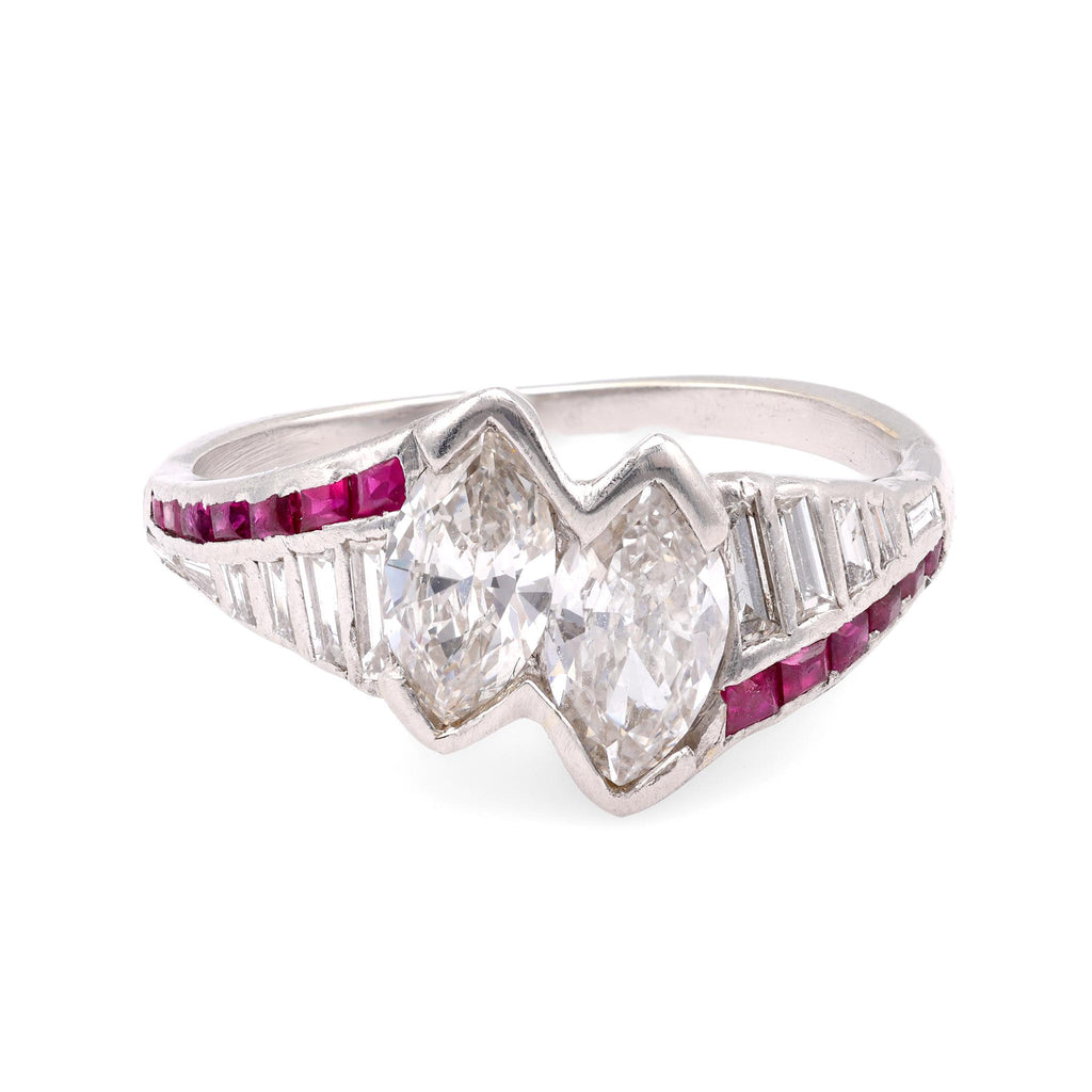 Art Deco Diamond Ruby Platinum Two Stone Ring  Jack Weir & Sons   