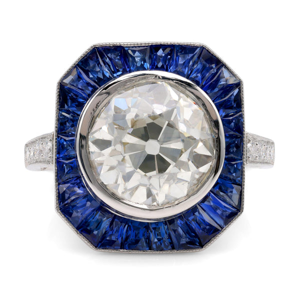 Art Deco GIA 3.68 Carat Old European Diamond Sapphire Platinum Cluster Ring Rings Jack Weir & Sons   