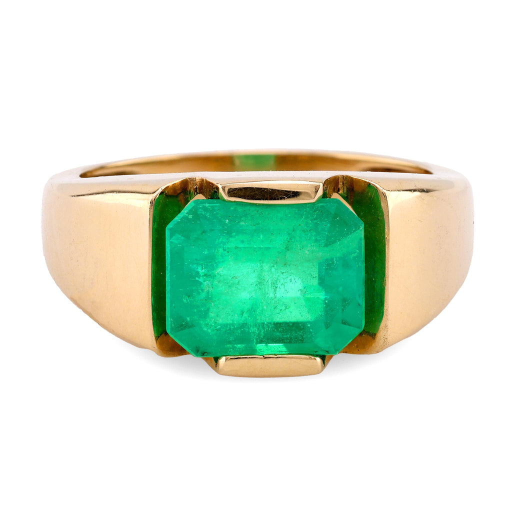 Vintage GIA 3.5 Carat Octagonal Cut Emerald 14K Yellow Gold Bezel Ring  Jack Weir & Sons   