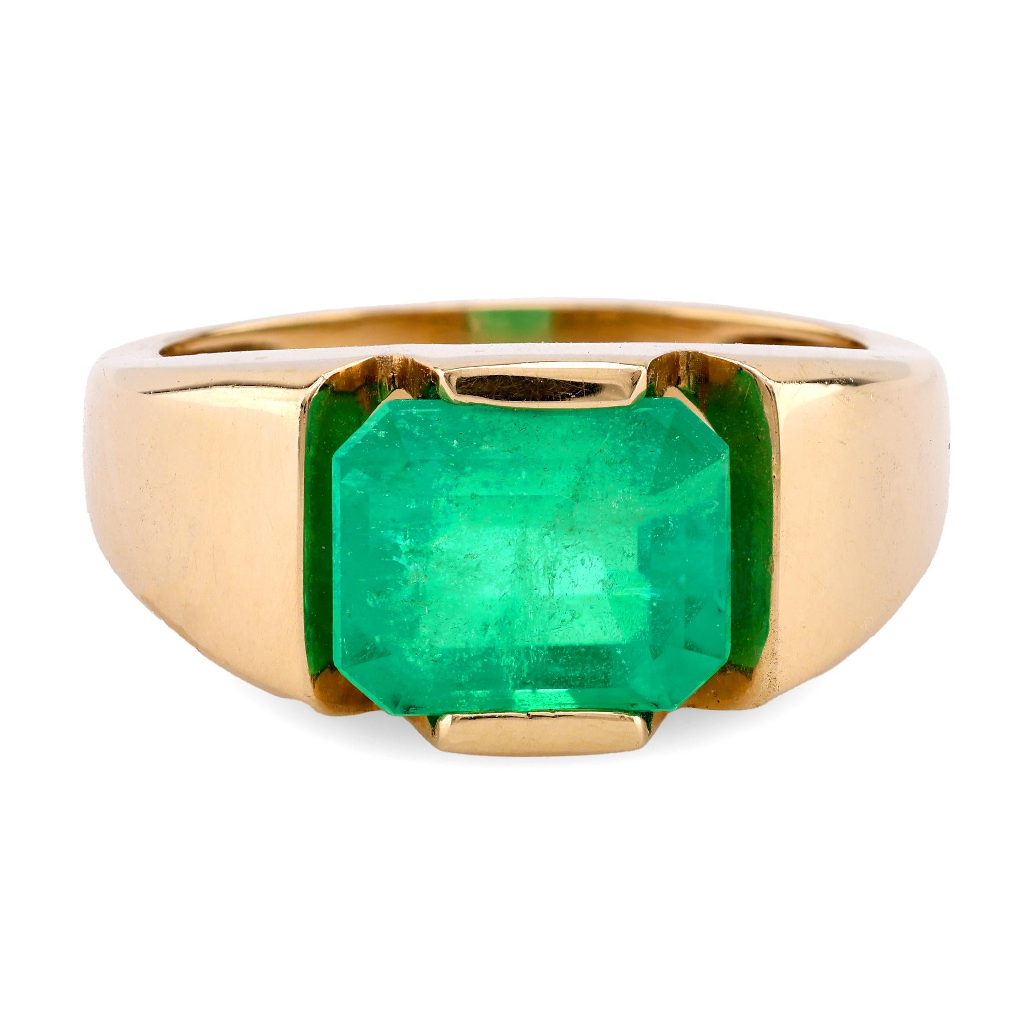 Vintage GIA 3.5 Carat Octagonal Cut Emerald 14K Yellow Gold Bezel Ring Rings Jack Weir & Sons   