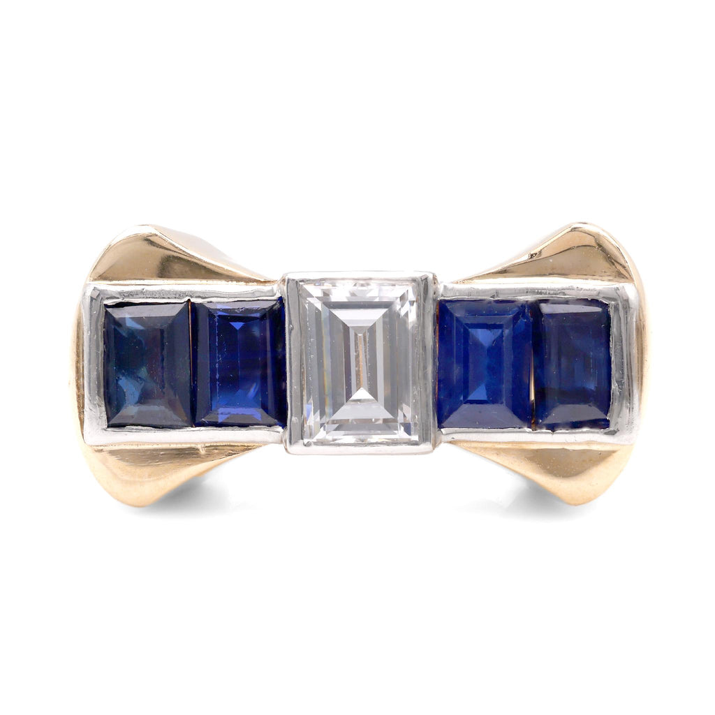 Retro Diamond Sapphire 14K Yellow Gold Platinum Cocktail Ring Rings Jack Weir & Sons   