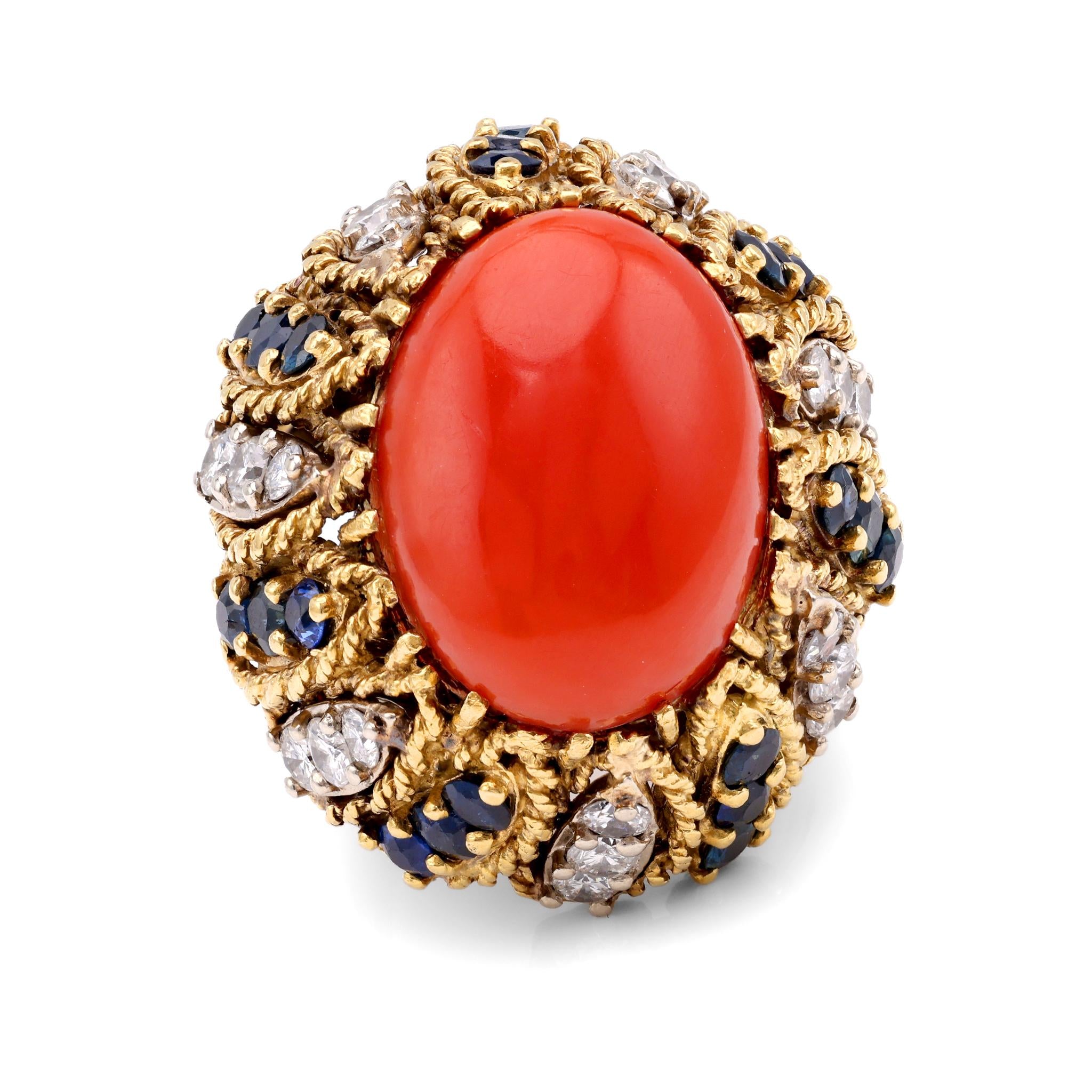 Italian Vintage Coral Sapphire Diamond 18K Yellow Gold Cocktail Ring  Jack Weir & Sons   