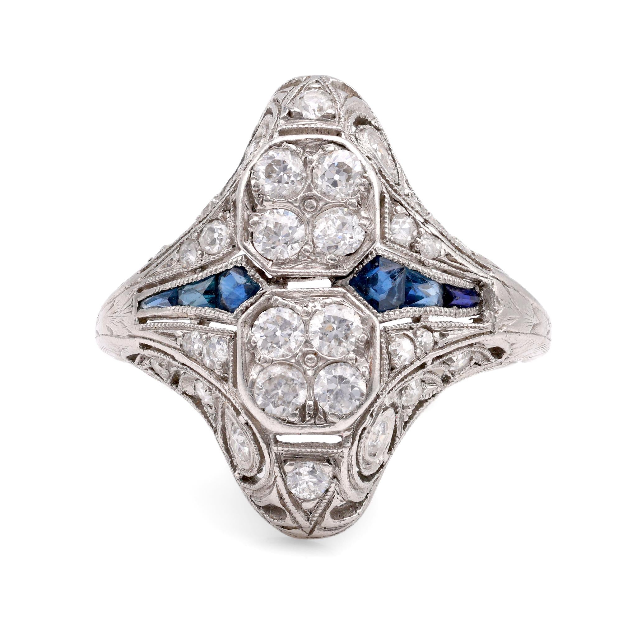 Art Deco Diamond Sapphire Navette Platinum Ring  Jack Weir & Sons   