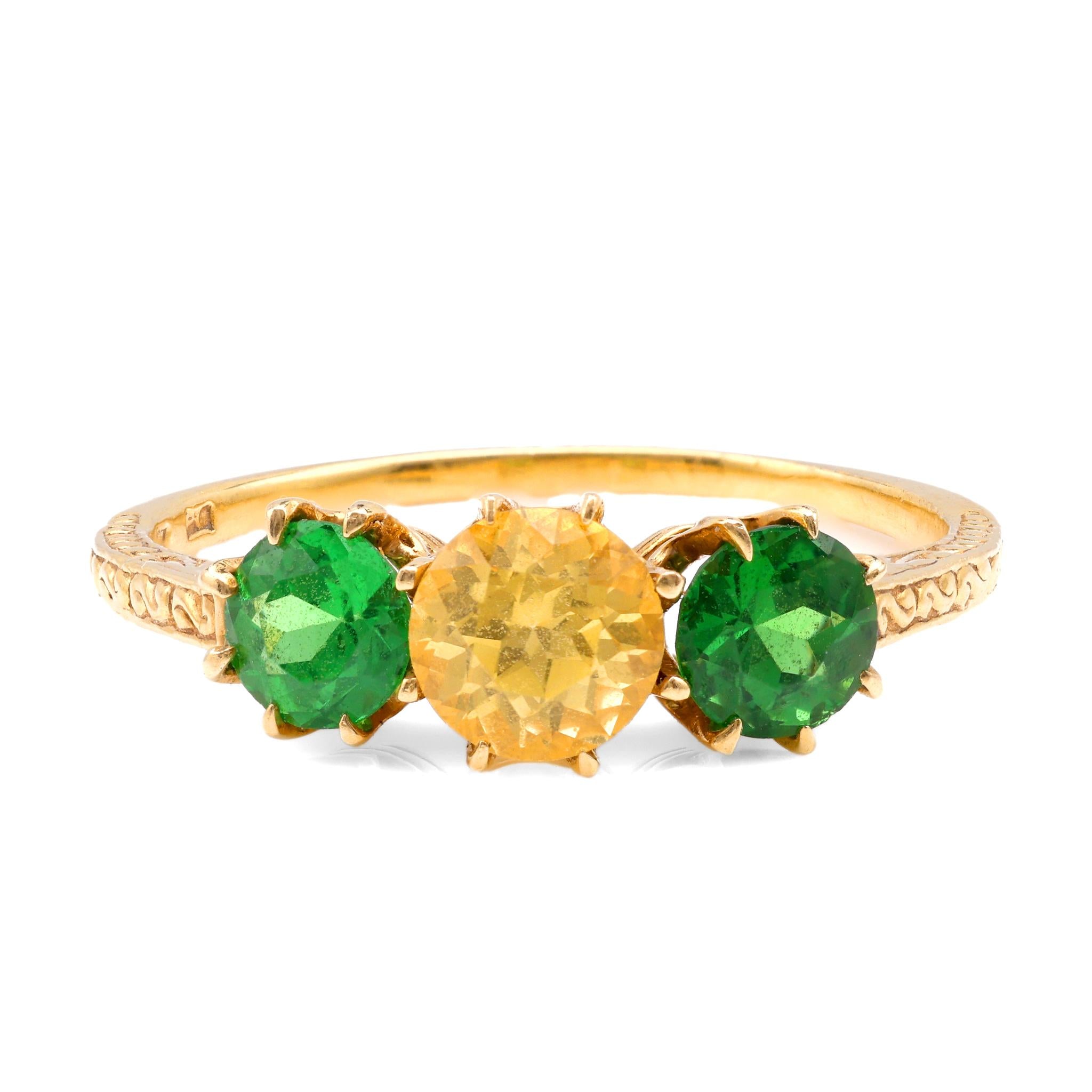 Victorian Yellow Sapphire Tsavorite 18K Yellow Gold Three Stone Ring  Jack Weir & Sons   