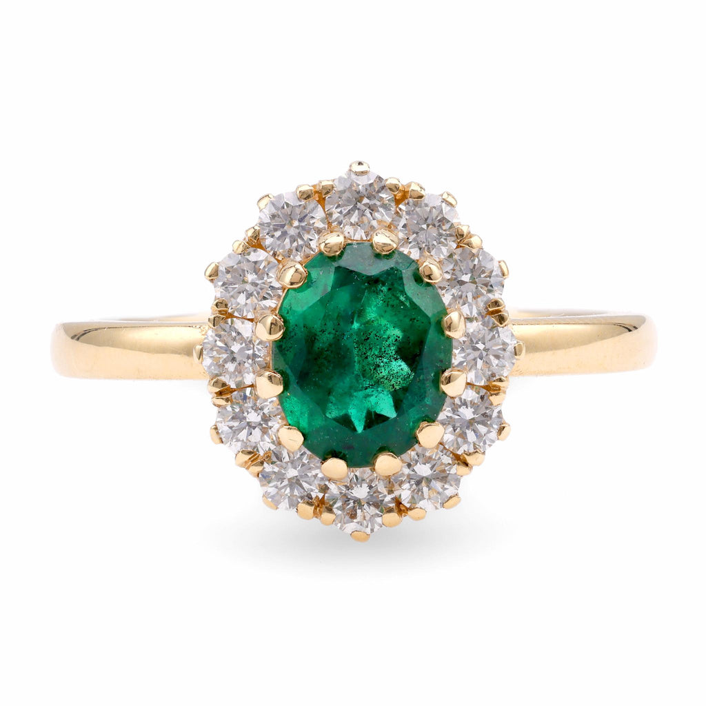 Vintage Inspired Emerald Diamond 18K Yellow Gold Ring Cluster Ring Rings Jack Weir & Sons   