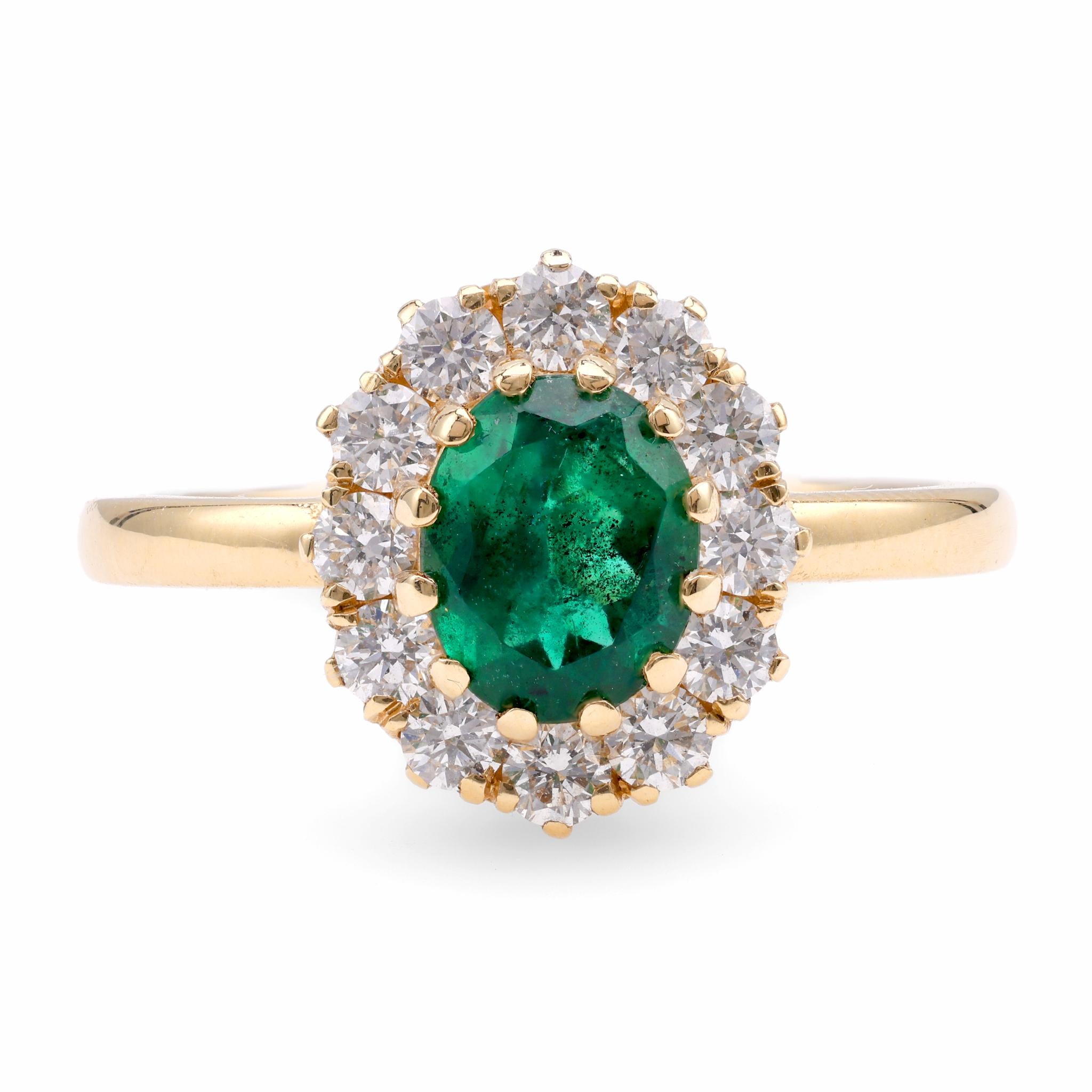 Vintage Inspired Emerald Diamond 18K Yellow Gold Ring Cluster Ring Rings Jack Weir & Sons