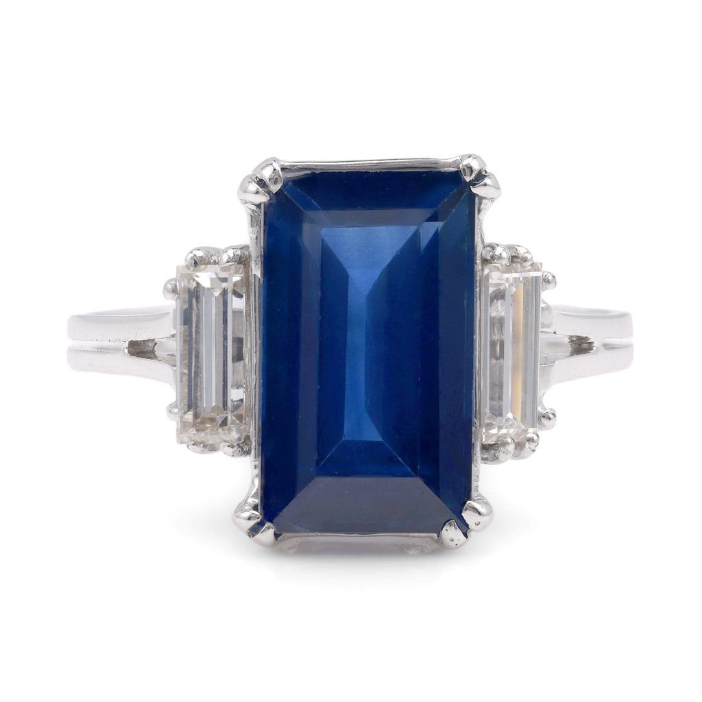 Mid-Century GIA 4.22 Carat Rectangular Cut Sapphire Diamond 18K White Gold Ring Rings Jack Weir & Sons   