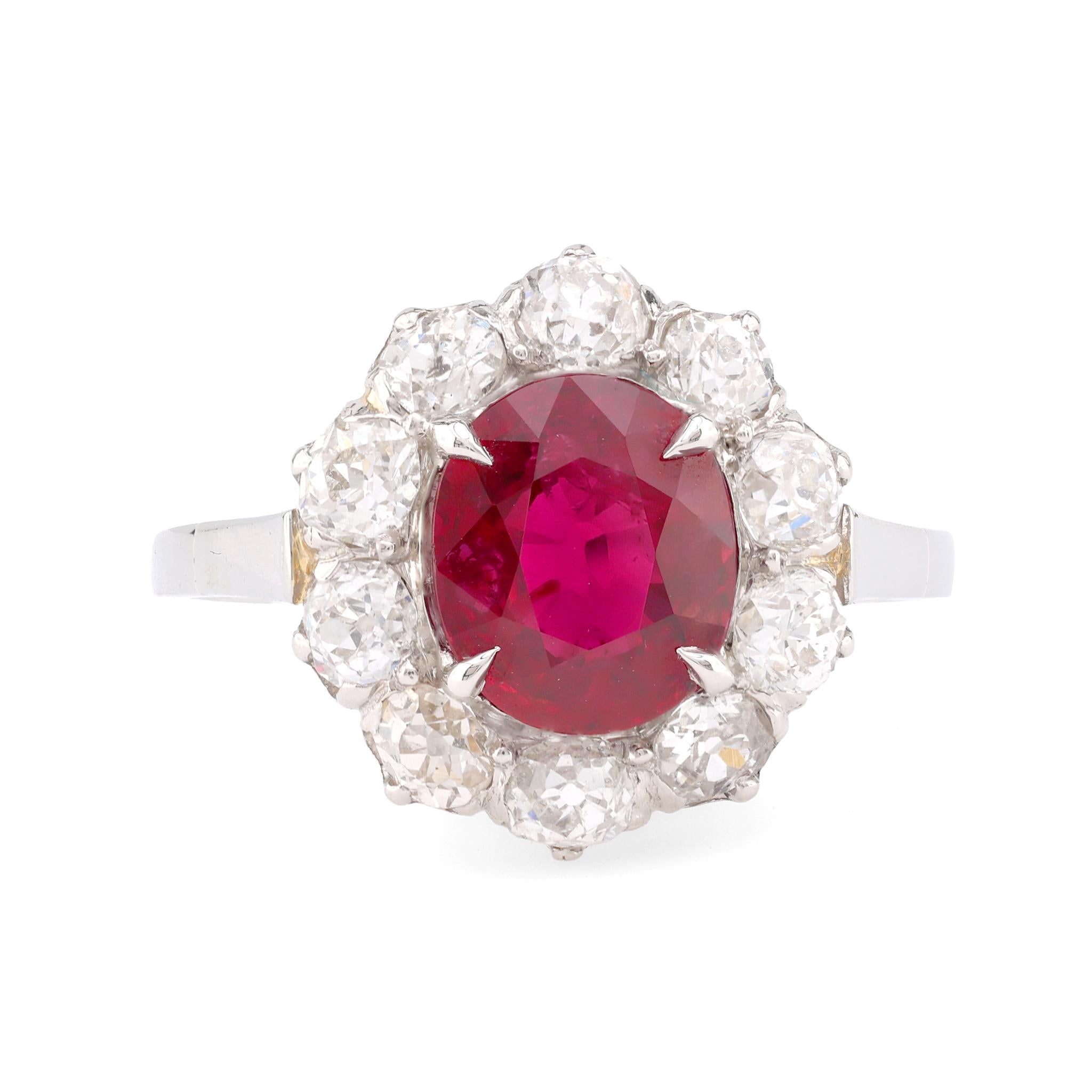 Art Deco GIA 2.58 Carat Ruby Diamond 18K White Gold Cluster Ring  Jack Weir & Sons   