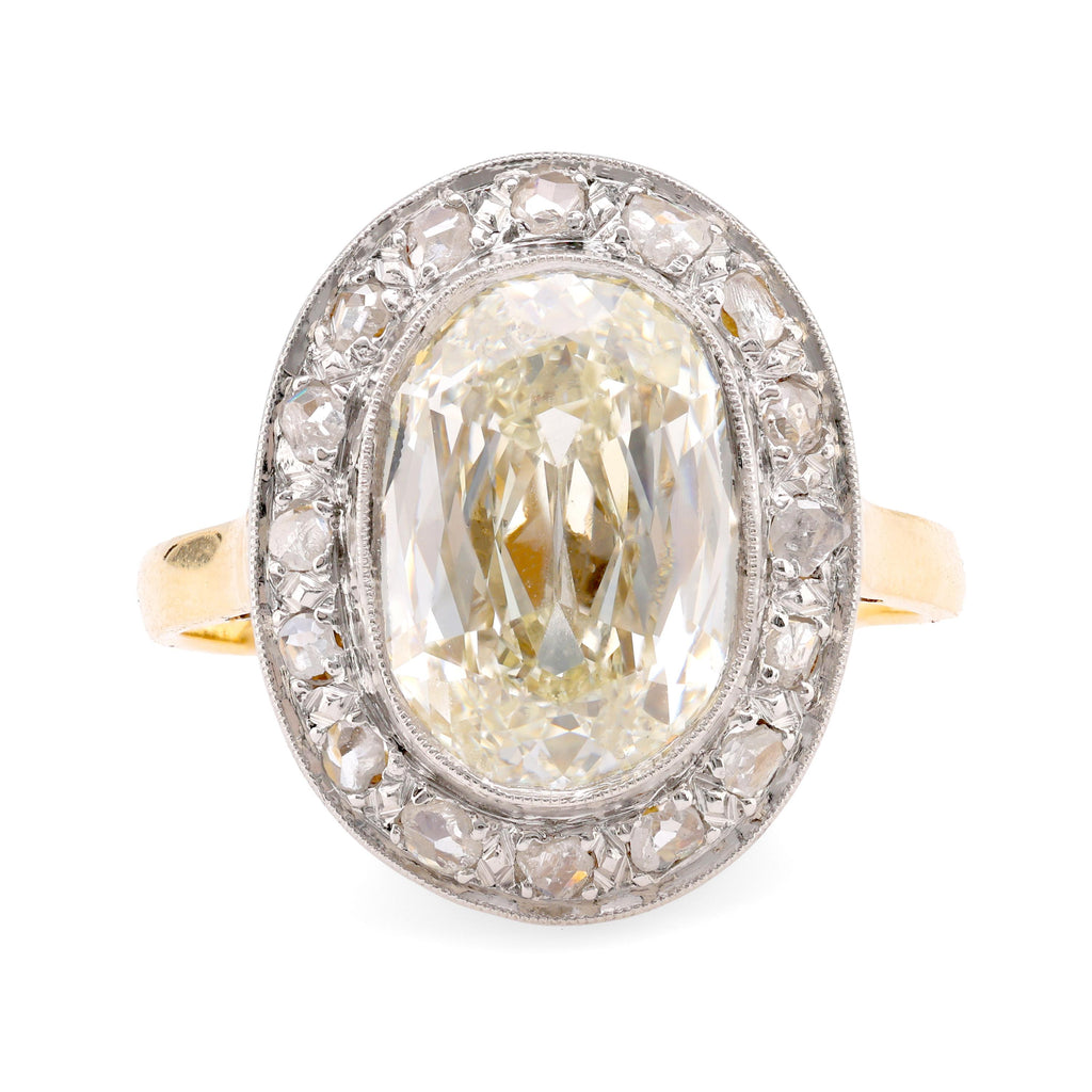 Edwardian GIA 5.02 Carat Cushion Diamond 18K Yellow Gold Cluster Ring Rings Jack Weir & Sons   