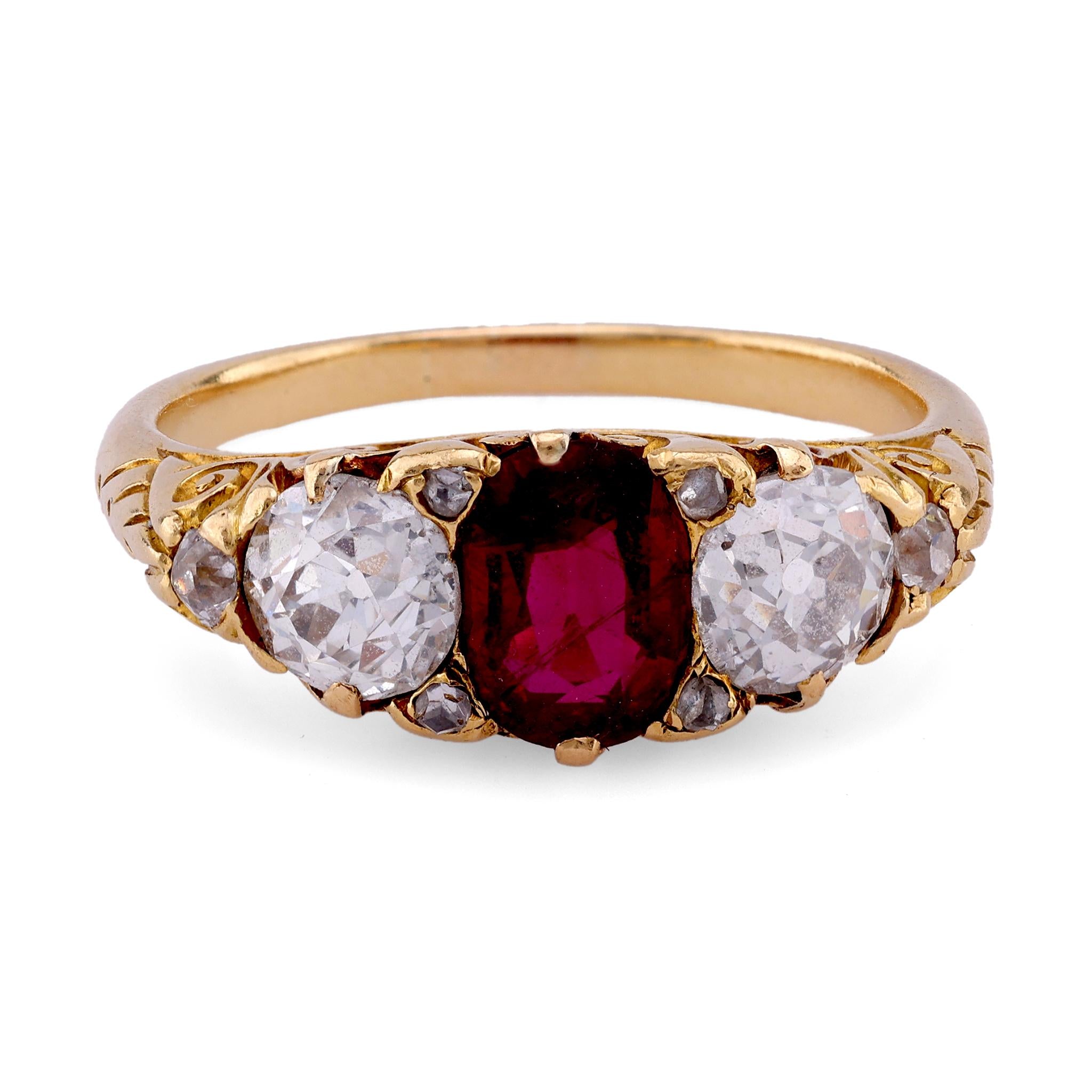 Victorian GIA Burma No Heat Ruby Diamond 18K Yellow Gold Ring  Jack Weir & Sons   