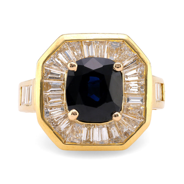 Vintage 2.60 Carat Cushion Sapphire Diamond 18K Yellow Gold Cocktail Ring Rings Jack Weir & Sons   