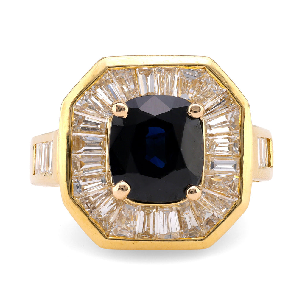 Vintage 2.60 Carat Cushion Sapphire Diamond 18K Yellow Gold Cocktail Ring Rings Jack Weir & Sons   