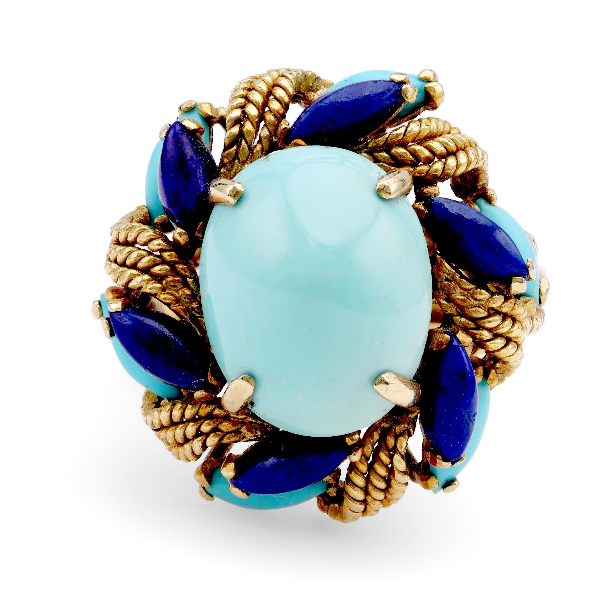 Vintage 6.5 Carat Cabochon Turquoise Lapis Lazuli 14K Yellow Gold Cocktail Ring Rings Jack Weir & Sons   