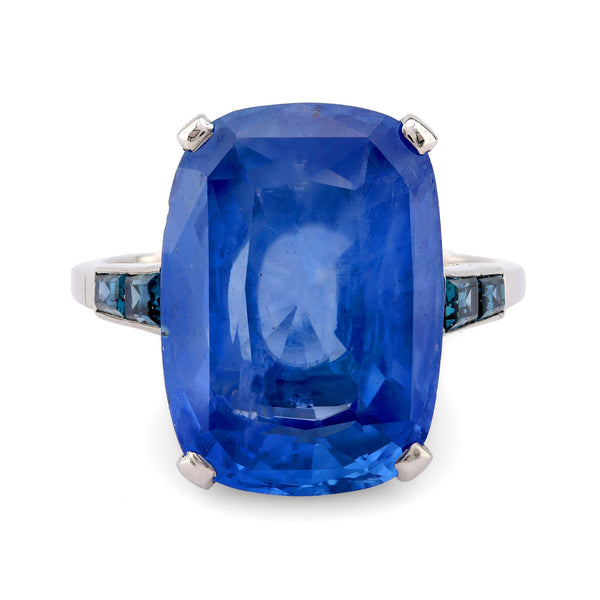 Art Deco GIA 12.9 Carat Cushion Cut No Heat Sapphire Platinum Ring  Jack Weir & Sons   