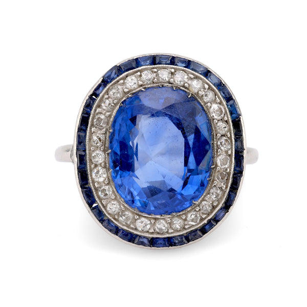 Art Deco French 4 Carat Burma No Heat Sapphire Diamond Platinum Cluster Ring  Jack Weir & Sons   