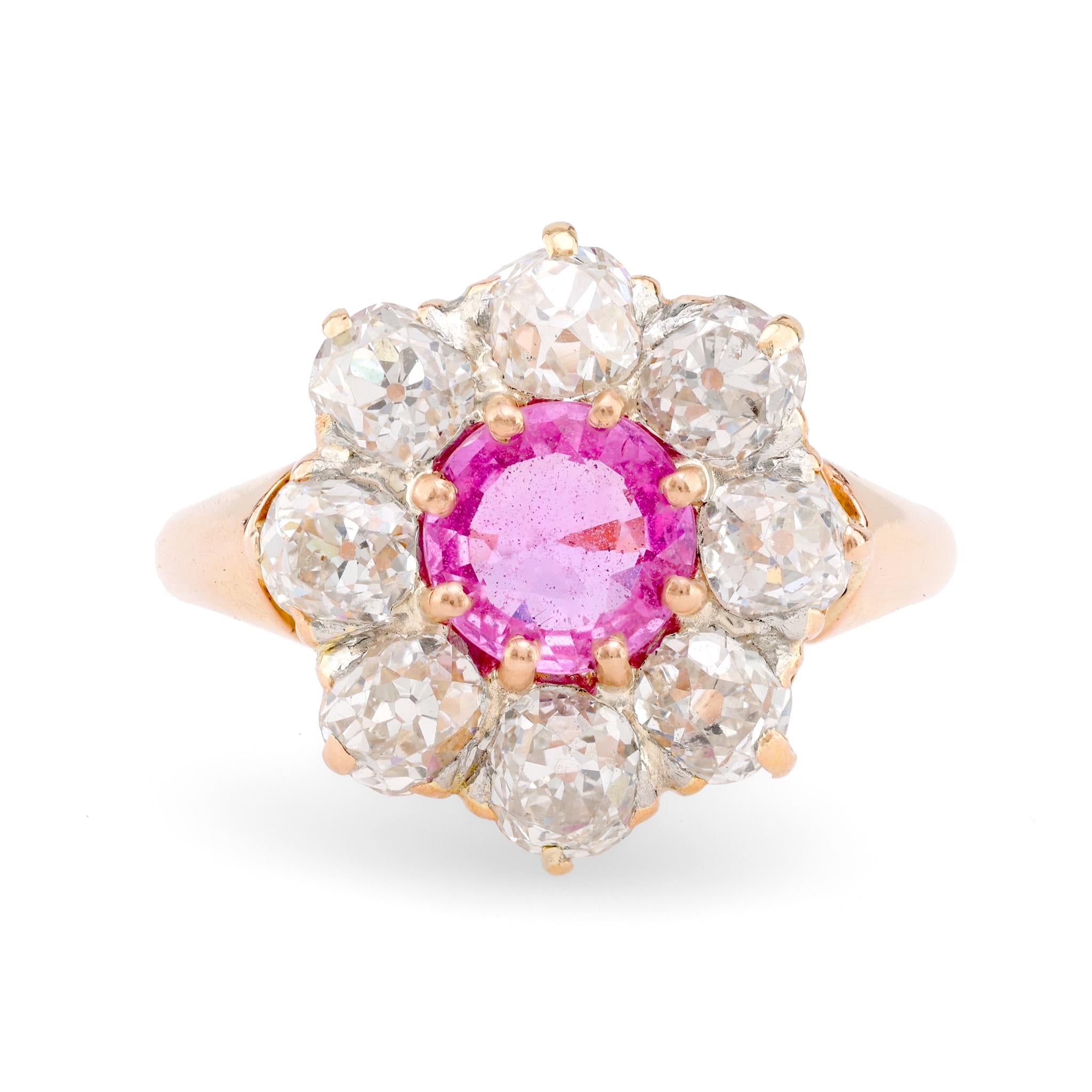 Victorian French Pink Sapphire Diamond 18K Rose Gold Cluster Ring Rings Jack Weir & Sons   