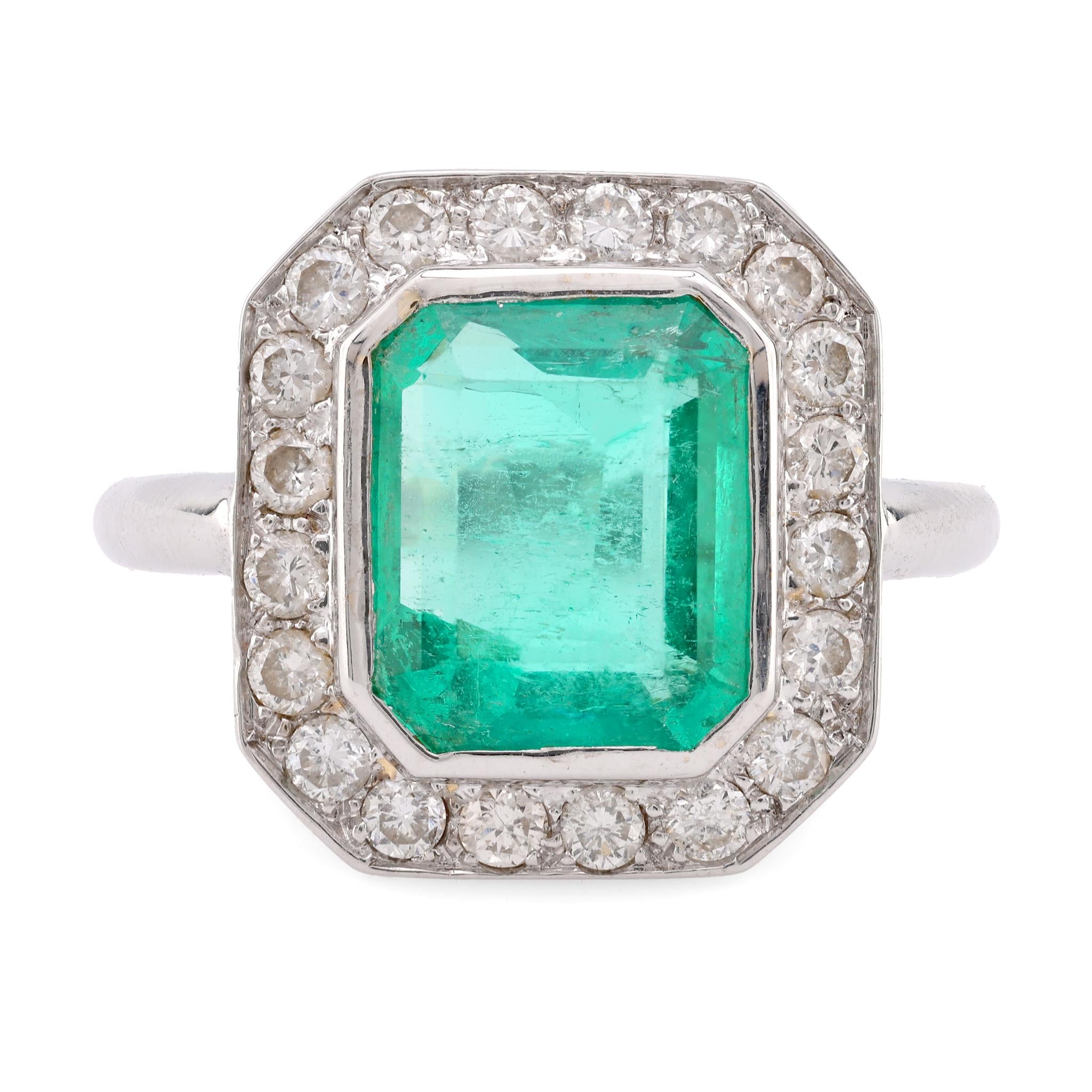 Mid Century French GIA 2 Carat Emerald Diamond 18K White Gold Cluster Ring  Jack Weir & Sons   