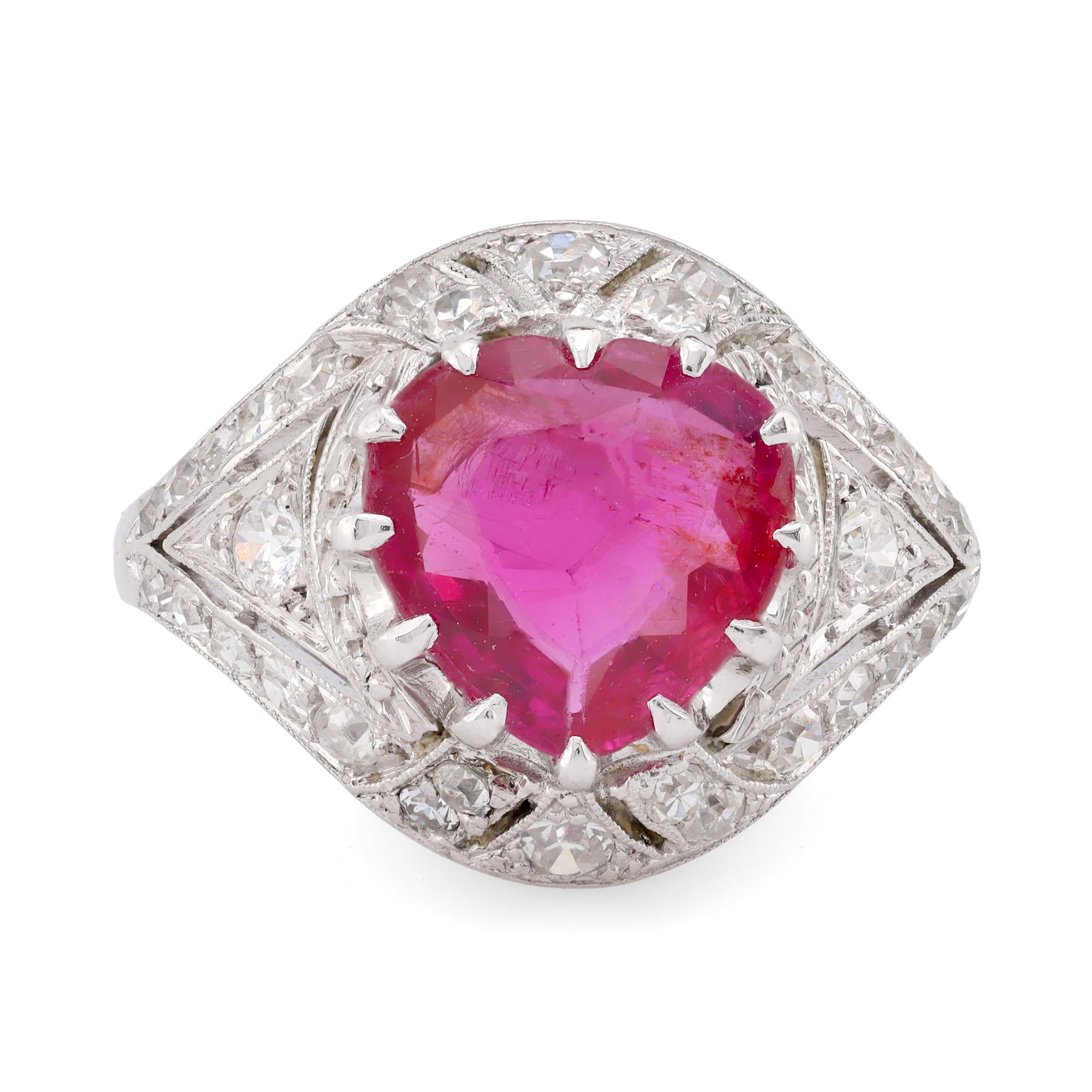 Art Deco French GIA 1.8 Carat Burma No Heat Ruby Diamond Platinum Ring  Jack Weir & Sons   