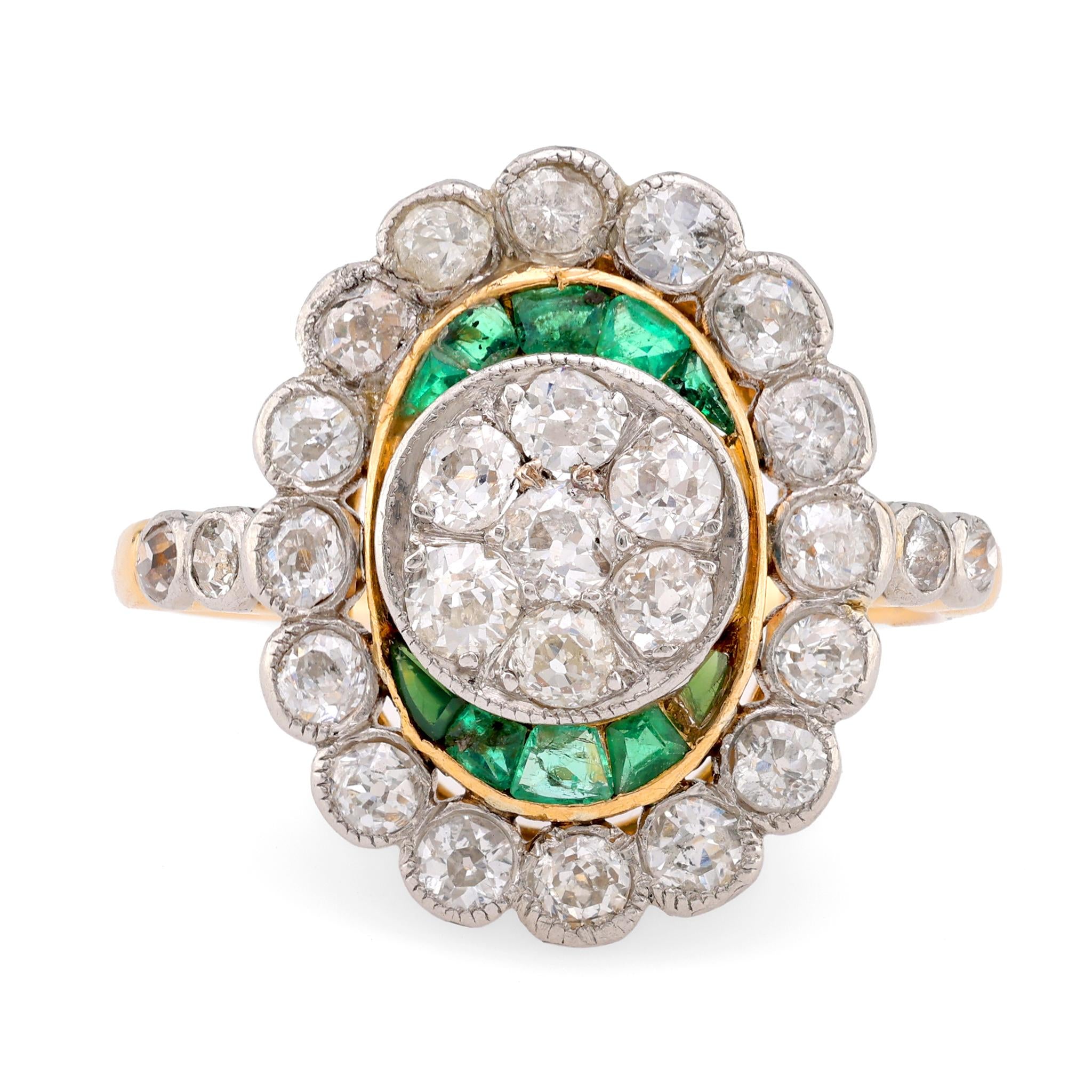 French Belle Époque Diamond Emerald 18K Yellow Gold Target Ring Rings Jack Weir & Sons   