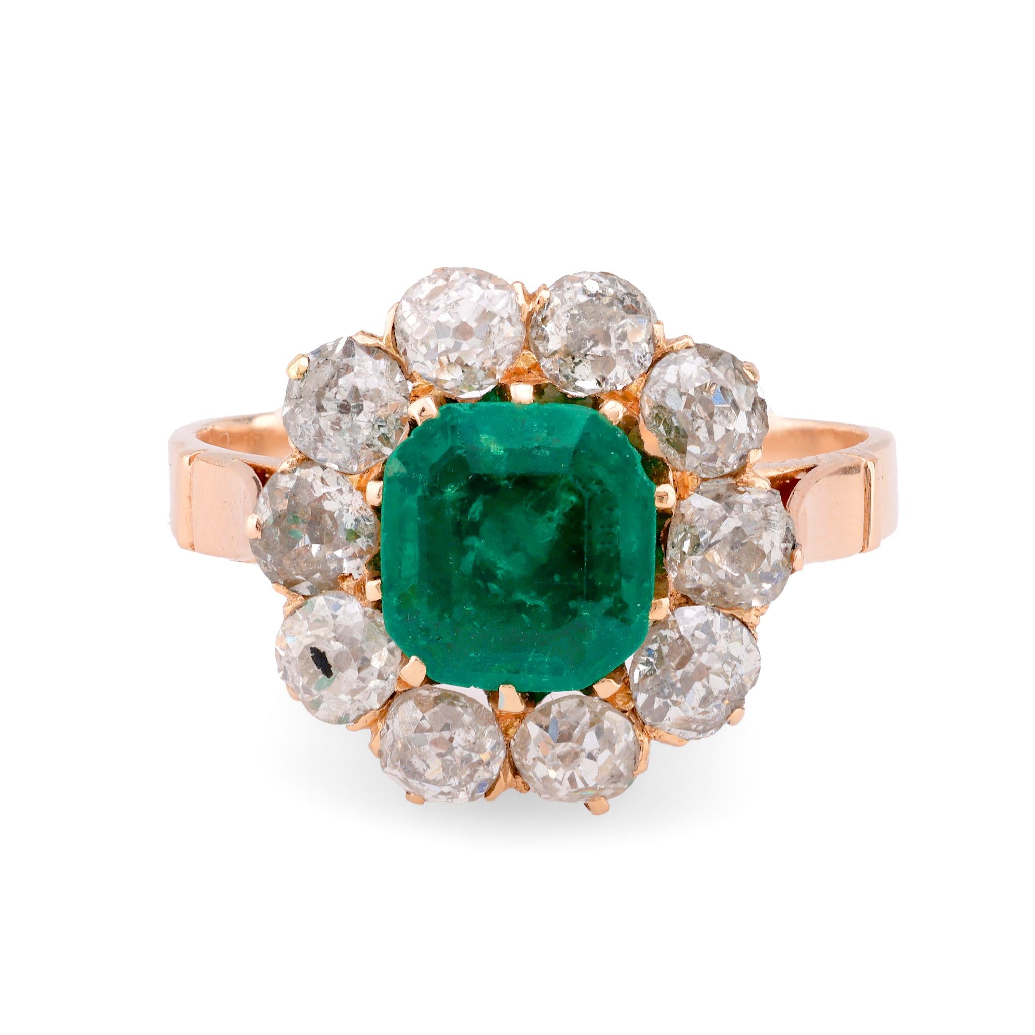 Victorian GIA 1.5 Carat Colombian Emerald Diamond 9K Rose Gold Cluster Ring  Jack Weir & Sons   