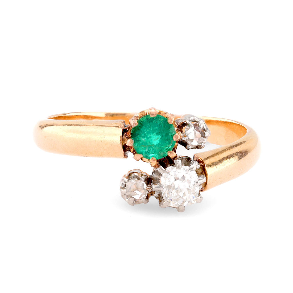 Victorian French Emerald Diamond 18K Rose Gold Toi Et Moi Ring Rings Jack Weir & Sons   