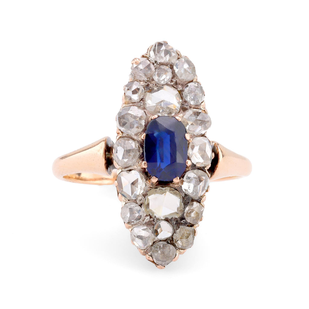 French Belle Époque Sapphire Diamond 18K Rose Gold Navette Ring Rings Jack Weir & Sons   