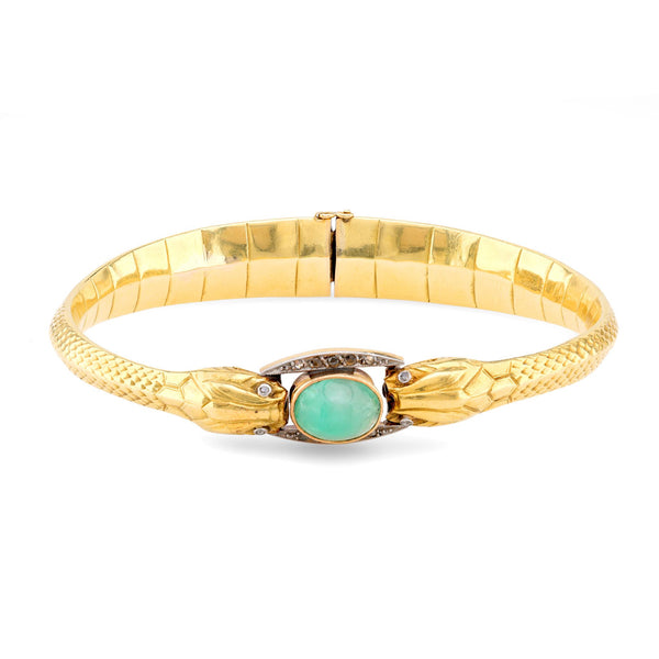 Antique French 3.60 Carat Cabochon Emerald Diamond 18K Yellow Gold Snake Bangle  Jack Weir & Sons   