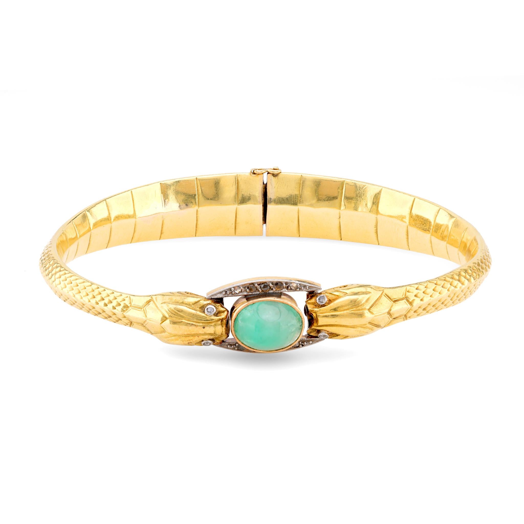 Antique French 3.60 Carat Cabochon Emerald Diamond 18K Yellow Gold Snake Bangle Bracelets Jack Weir & Sons   