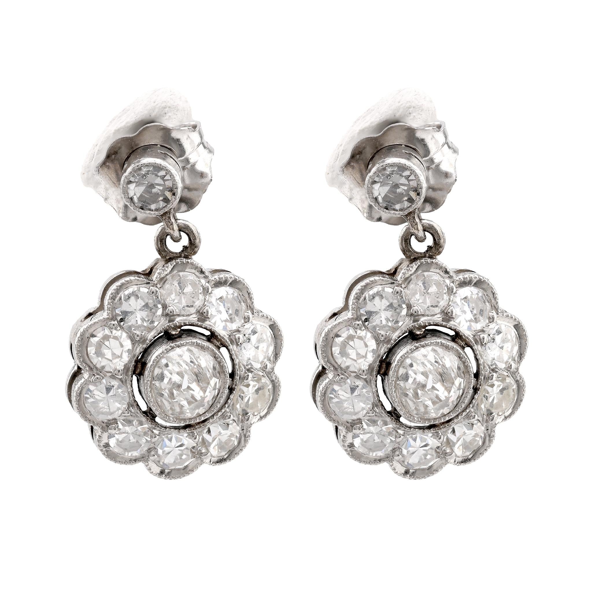 Art Deco Inspired Diamond Platinum Cluster Drop Earrings Earrings Jack Weir & Sons   