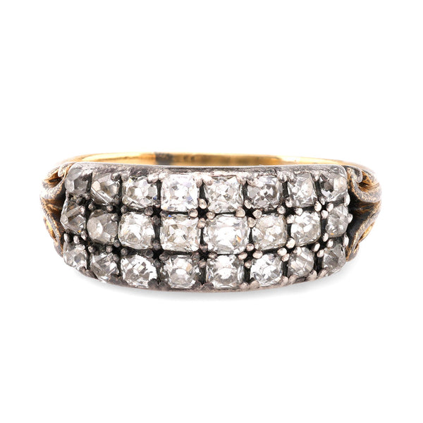 Georgian Peruzzi Cut Diamond 18K Yellow Gold and Silver Three Row Ring Rings Jack Weir & Sons   