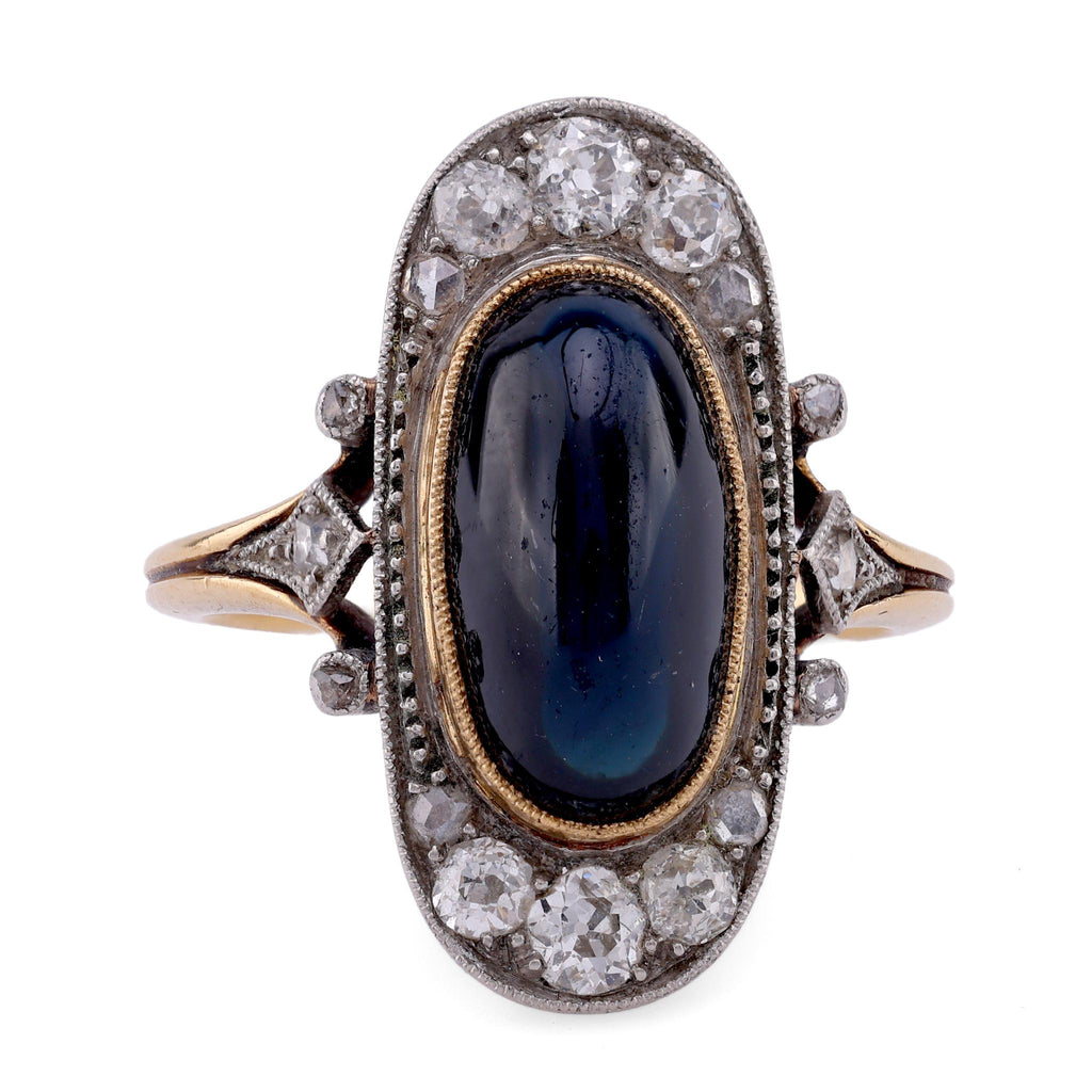 Belle Époque 5.3 Carat Cabochon Sapphire Diamond 18K Yellow Gold Navette Ring Rings Jack Weir & Sons   