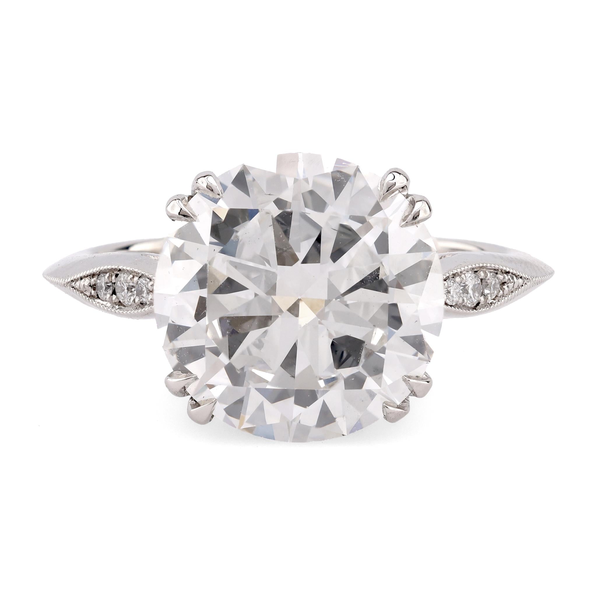 Art Deco Style GIA 4.54 Carat Round Brilliant Diamond Platinum Engagement Ring Rings Jack Weir & Sons   