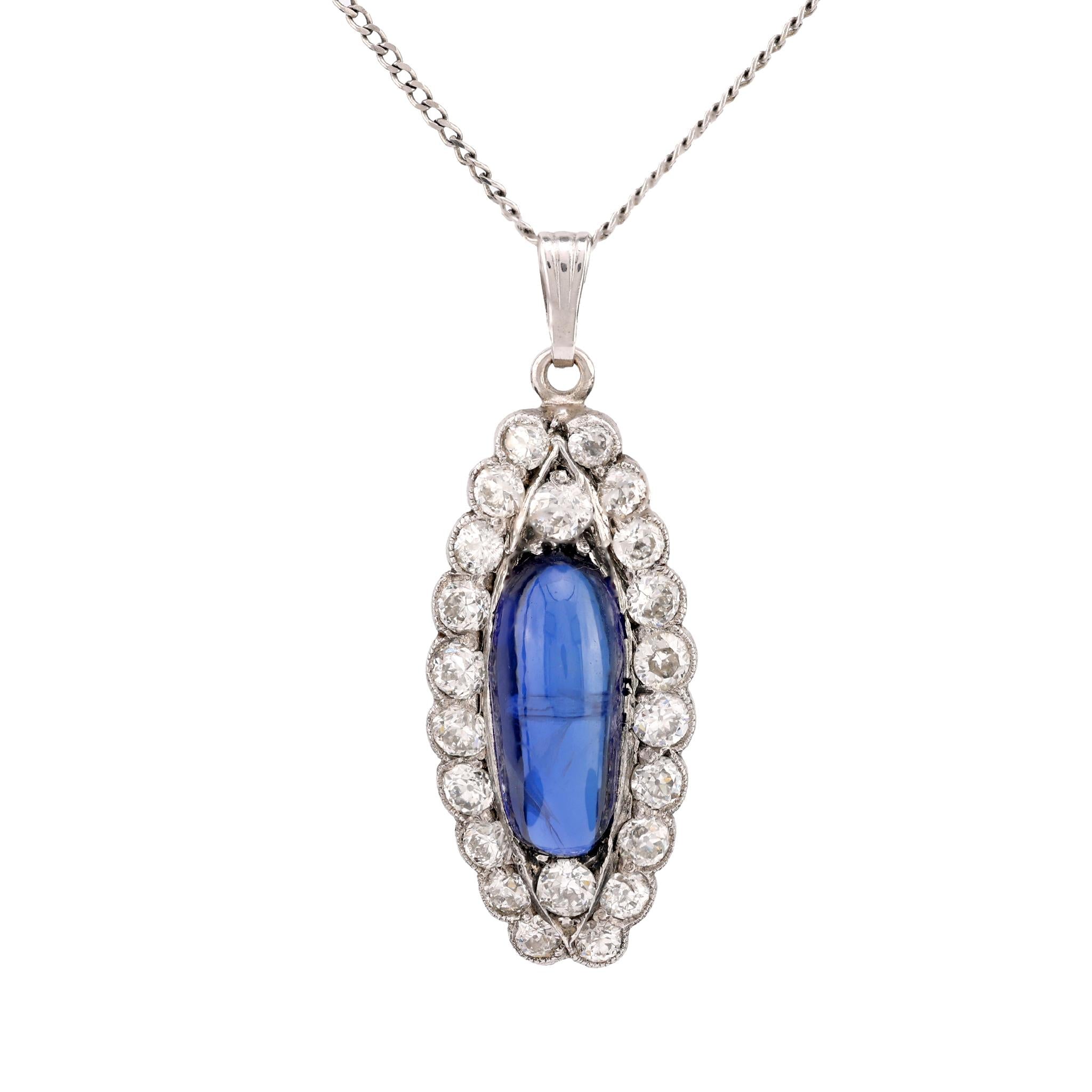 Art Deco GIA 4.7 Carat No Heat Sapphire Diamond Platinum Cluster Necklace Necklaces Jack Weir & Sons   