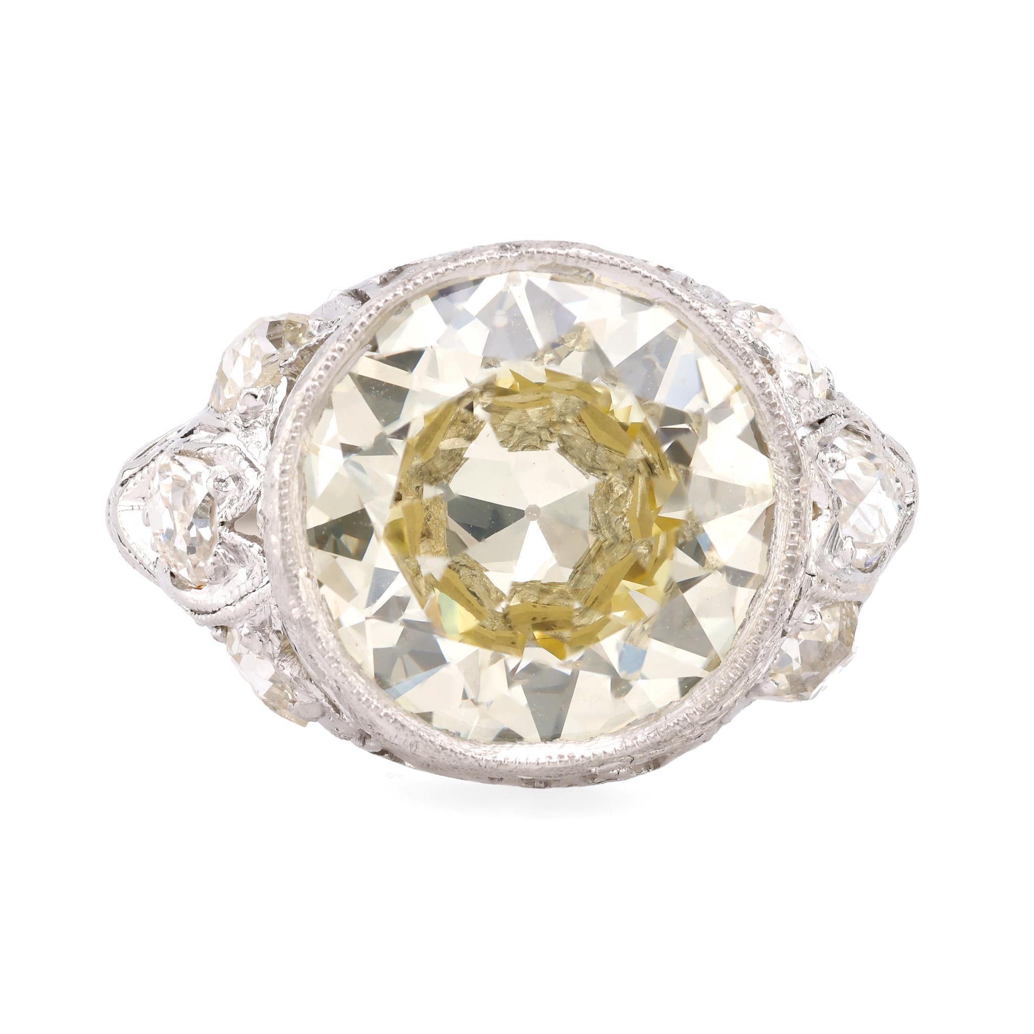 Art Deco GIA 5.85 Carat Circular Brilliant Cut Diamond Platinum Filigree Ring  Jack Weir & Sons