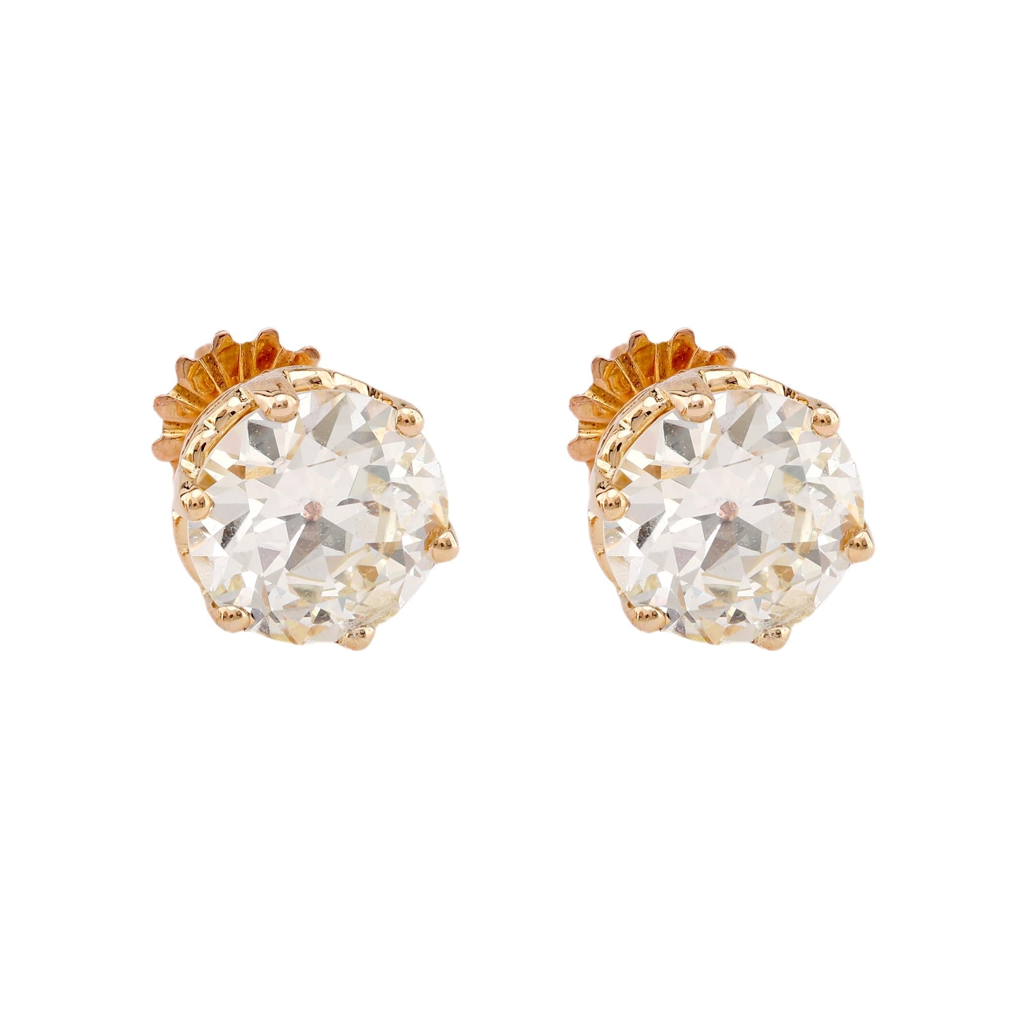 Retro GIA 3.96 Carat Diamond Total Weight 18K Yellow Gold Studs Earrings Jack Weir & Sons   