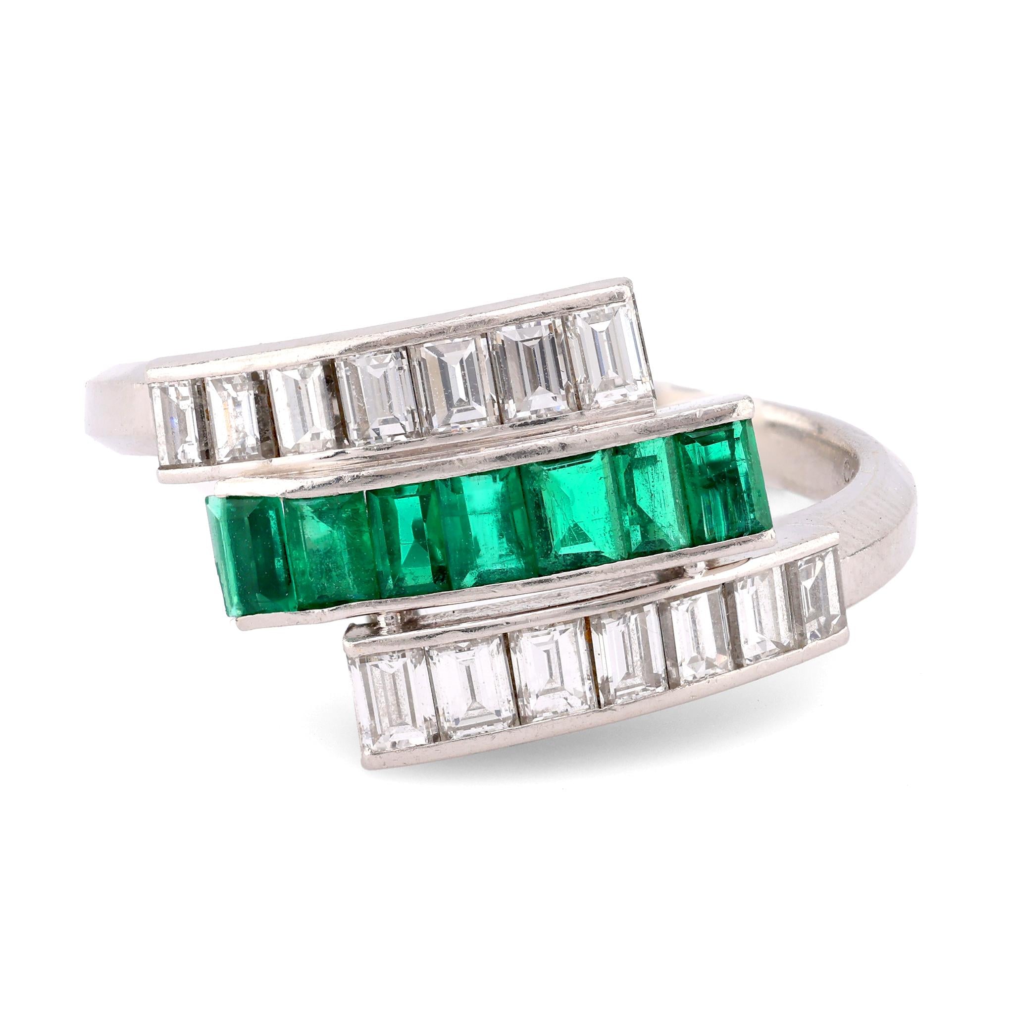 Art Deco Style Emerald Diamond Platinum Bypass Ring Rings Jack Weir & Sons   